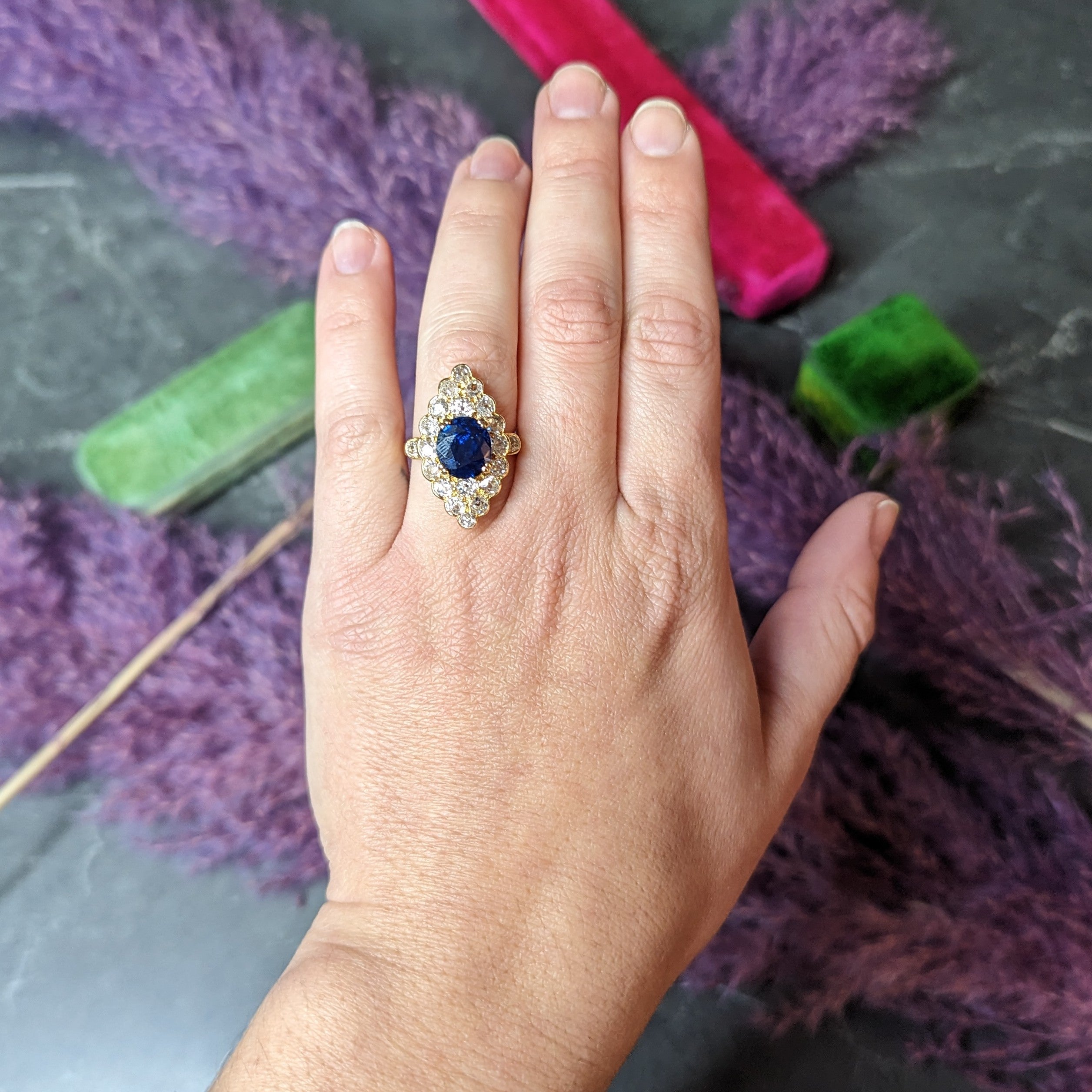 Substantial Chaumet Paris Mid-Century 6.35 CTW No Heat Sapphire Old Mine Cut Diamond 18 Karat Yellow Gold Vintage Navette Cluster Ring GIA Wilson's Estate Jewelry