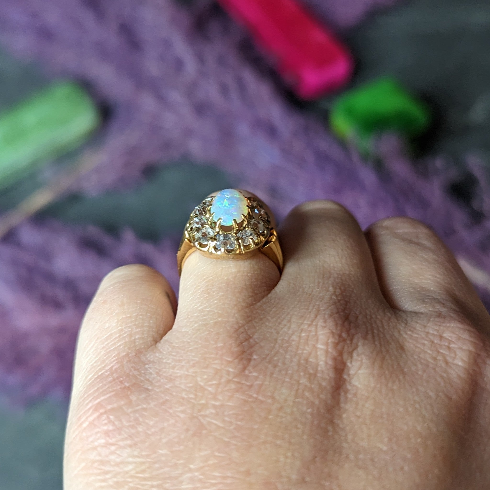 Victorian 1.50 CTW Old Mine Cut Diamond Opal 14 Karat Yellow Gold Antique Cluster Ring Wilson's Estate Jewelry