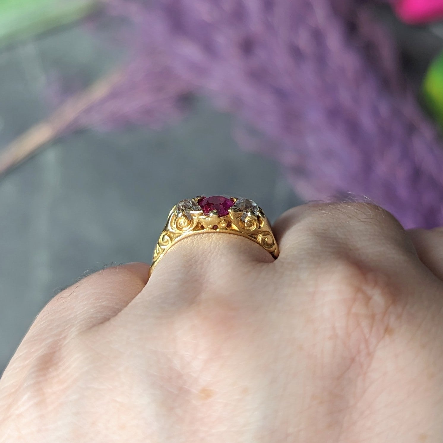 Victorian 1.64 CTW Ruby Old Mine Cut Diamond 18 Karat Yellow Gold Scrolling Three-Stone Antique Ring Wilson's Estate Jewelry