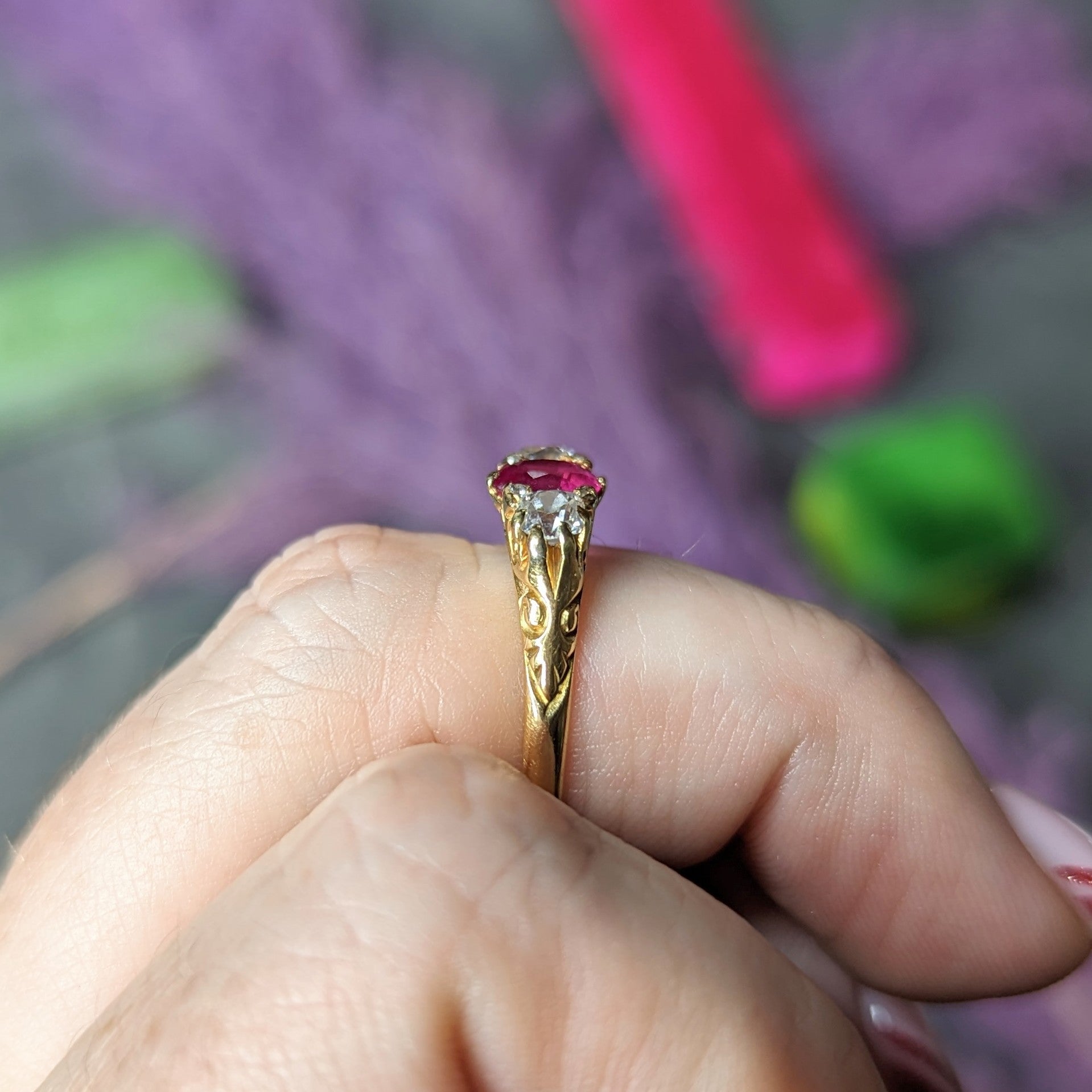 Victorian 1.64 CTW Ruby Old Mine Cut Diamond 18 Karat Yellow Gold Scrolling Three-Stone Antique Ring Wilson's Estate Jewelry