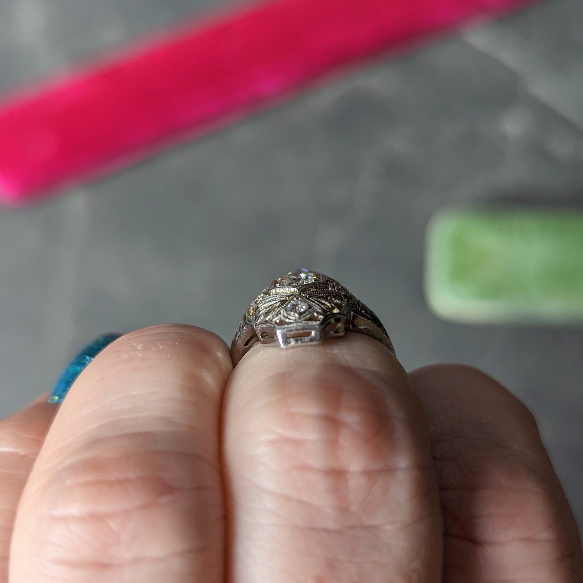 1950's Mid-Century Old European Cut Diamond 18 Karat White Gold Filigree Vintage Dinner Ring Wilson's Estate Jewelry