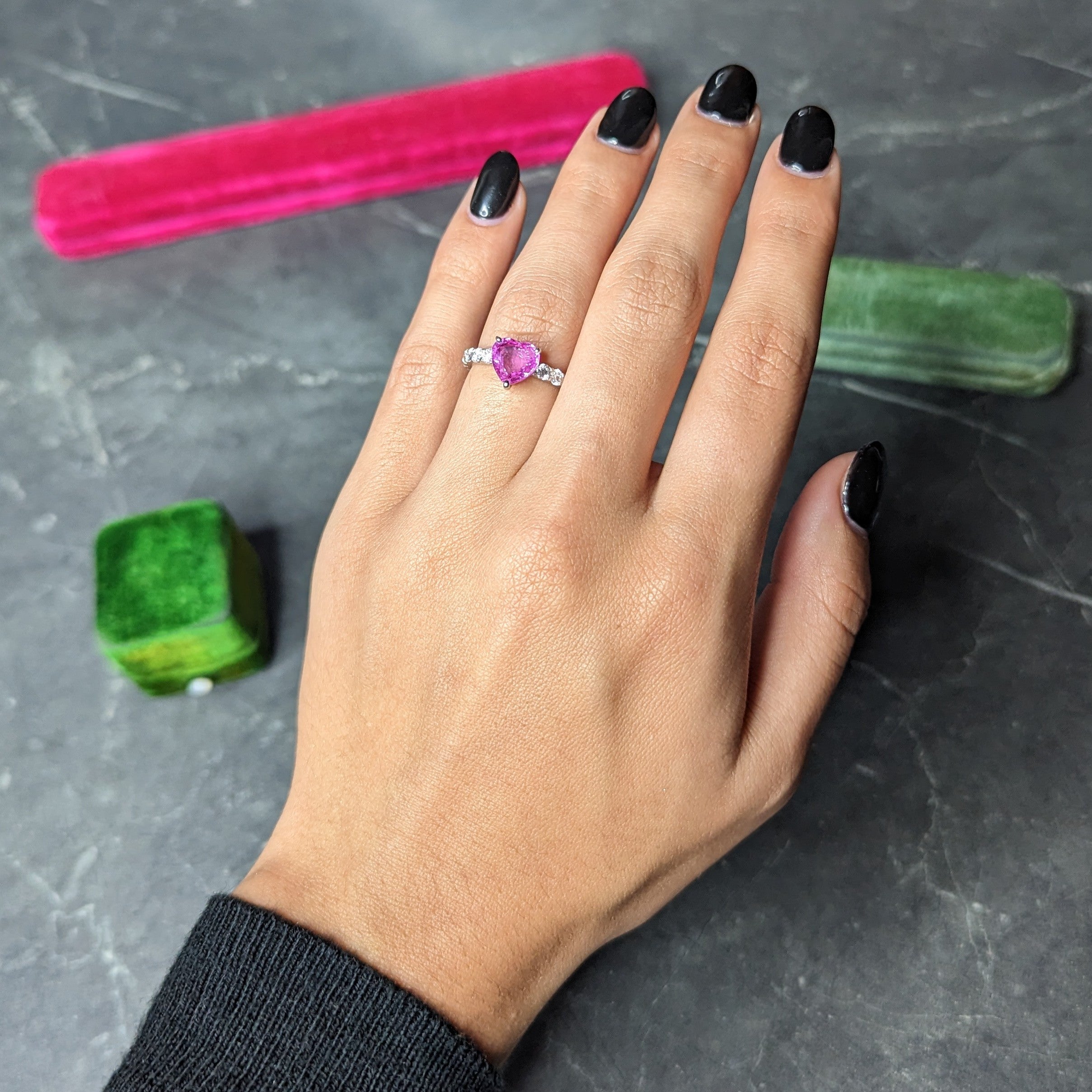 Contemporary 3.88 CTW Pink Sapphire Diamond Platinum Heart Ring Wilson's Estate Jewelry