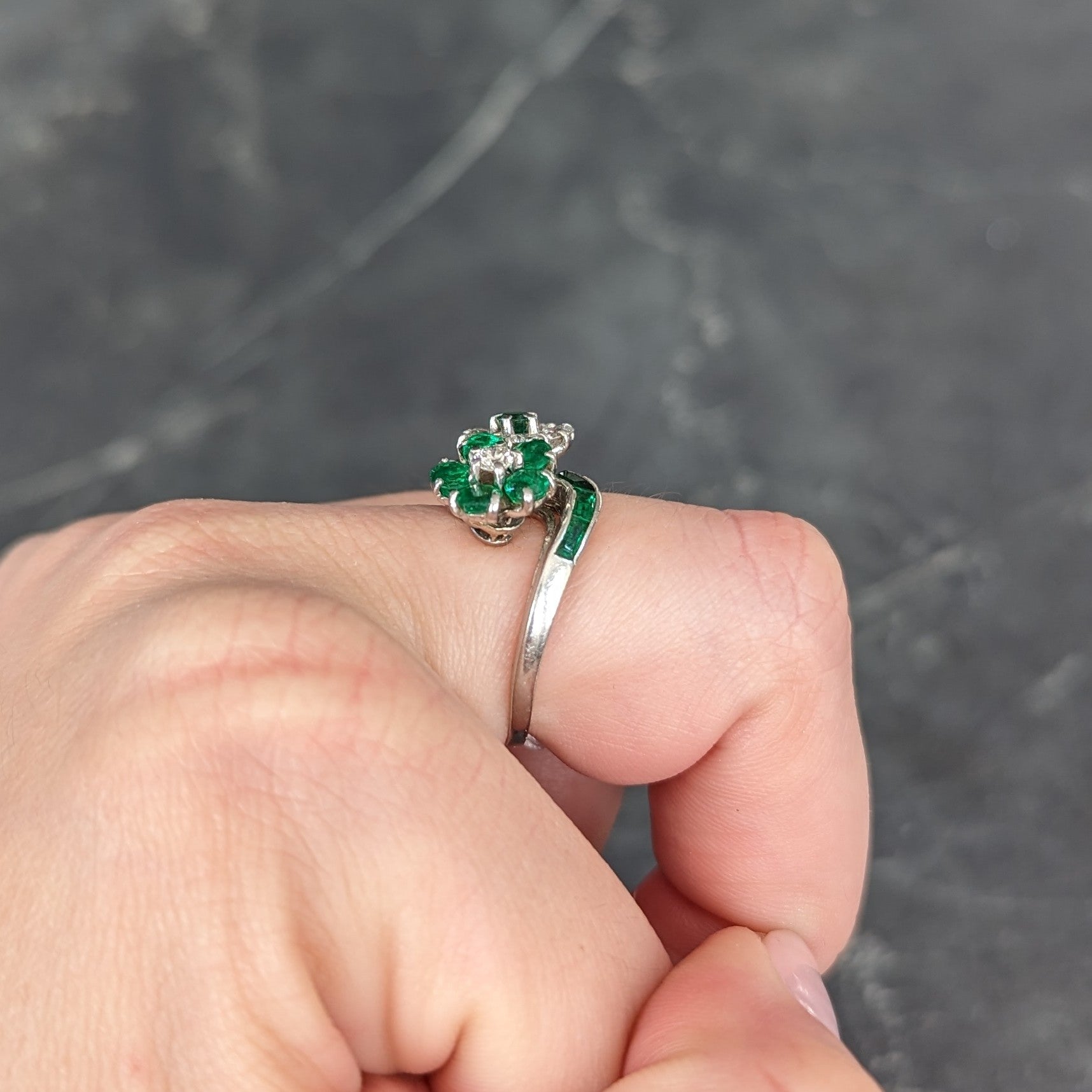 Mid-Century 1.75 CTW Emerald Diamond Platinum Floral Vintage Bypass Ring Wilson's Estate Jewelry