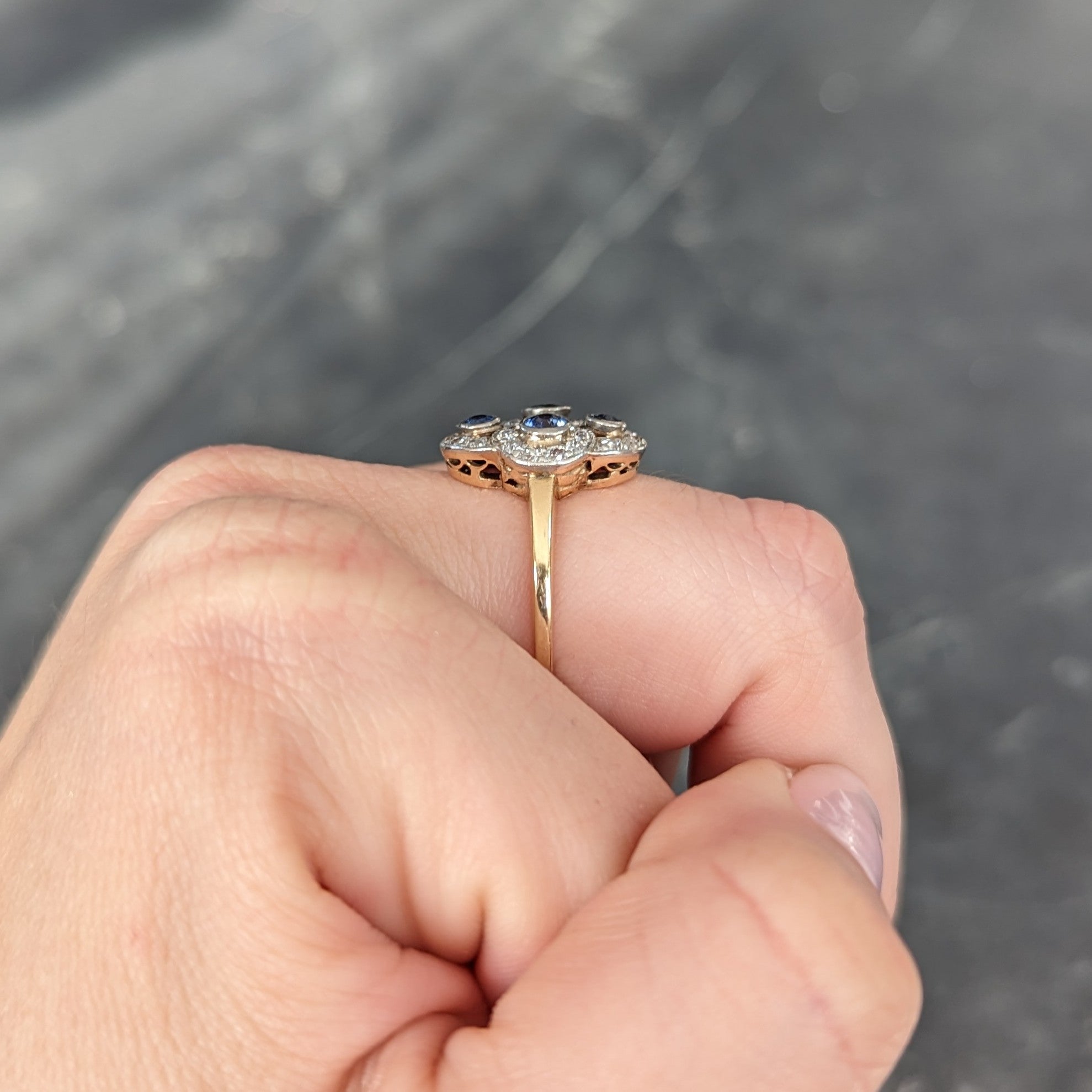 Edwardian 1.40 CTW Sapphire Diamond Platinum-Topped 14 Karat Yellow Gold Antique Quatrefoil Dinner Ring Wilson's Estate Jewelry