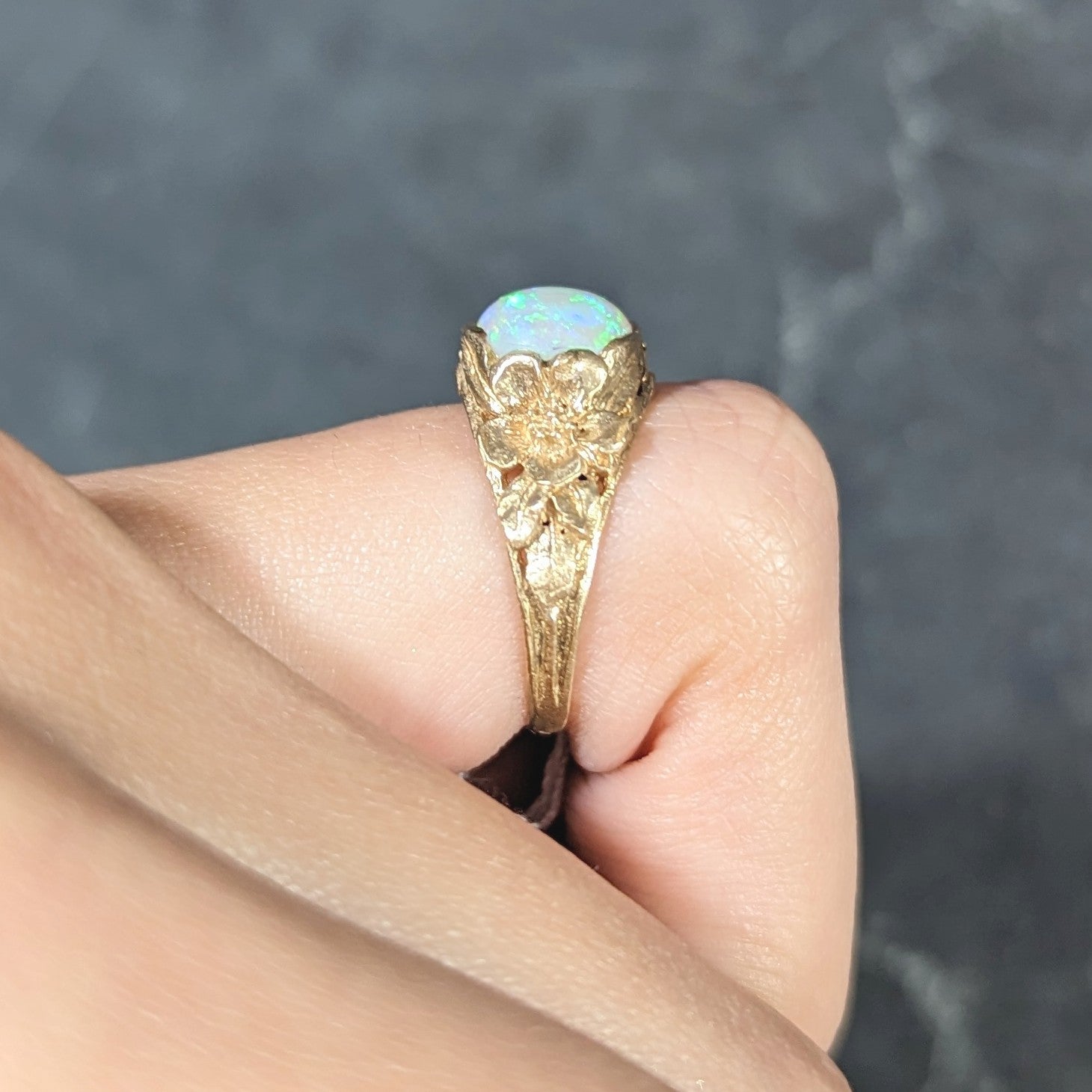 Art Nouveau Opal Cabochon 18 Karat Yellow Gold Forget-Me-Not Antique Ring Wilson's Estate Jewelry