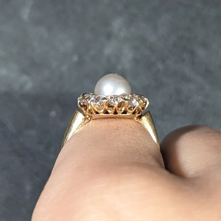 Victorian 0.80 CTW Old Mine Cut Diamond Natural Pearl 18 Karat Yellow Gold Antique Cluster Ring Wilson's Estate Jewelry