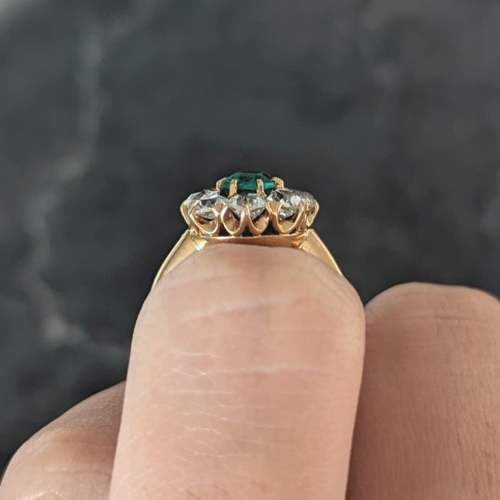 Edwardian 1.54 CTW Emerald Old European Cut Diamond 18 Karat Yellow Gold Antique Cluster Ring Wilson's Estate Jewelry