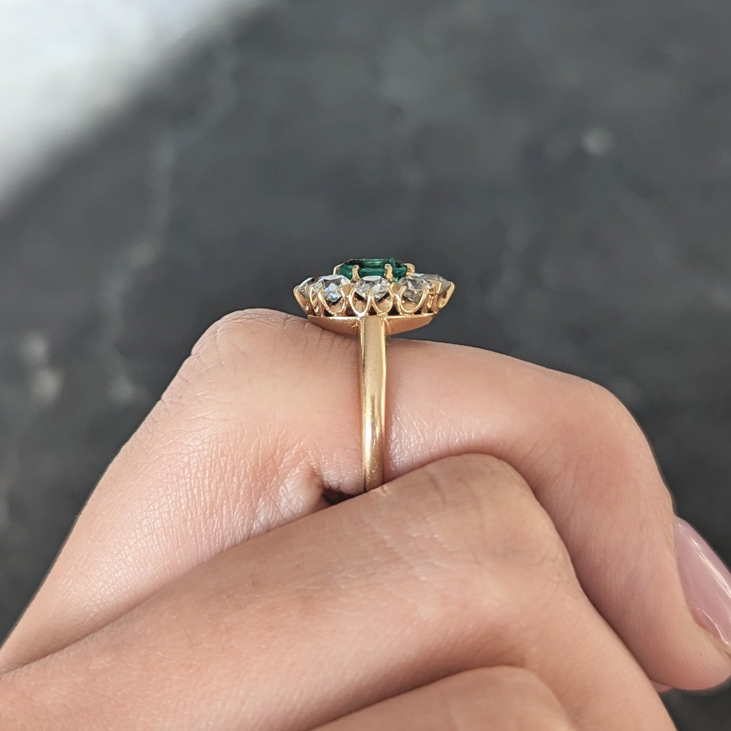 Edwardian 1.54 CTW Emerald Old European Cut Diamond 18 Karat Yellow Gold Antique Cluster Ring Wilson's Estate Jewelry