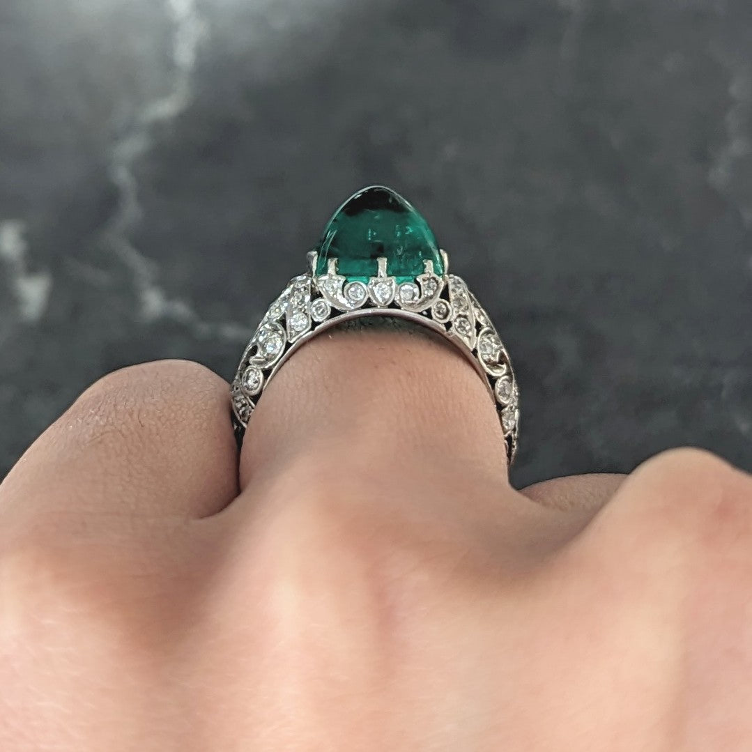 Edwardian 5.90 CTW Colombian Emerald Cabochon Old European Cut Diamond Platinum Scrolling Fleur-De-Lis Antique Gemstone Ring AGL Wilson's Estate Jewelry