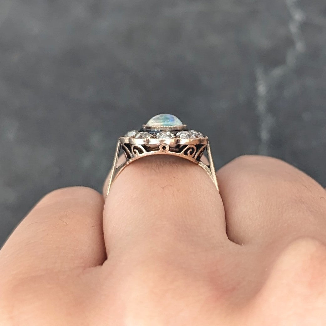 Victorian 1.08 CTW Jelly Opal Cabochon Old Mine Cut Diamond 18 Karat Rose Gold Antique Halo Ring Wilson's Estate Jewelry