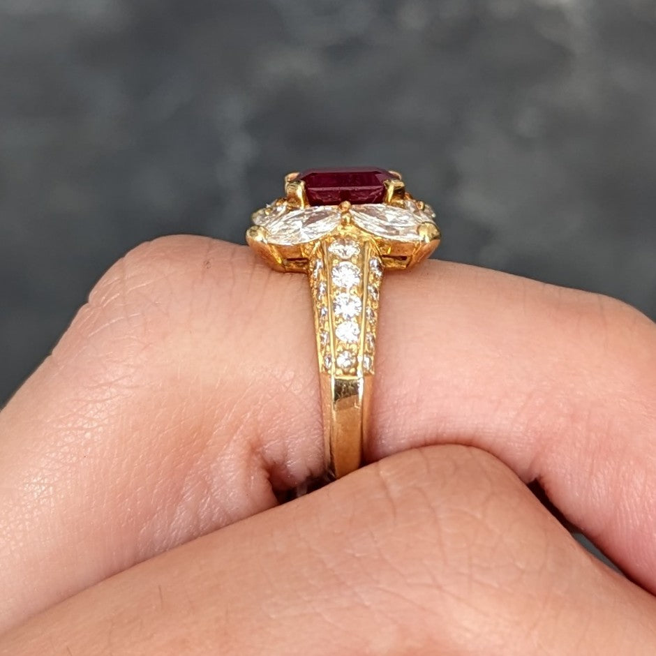 Vintage 3.49 CTW Emerald Cut Ruby Diamond 18 Karat Yellow Gold Halo Cluster Ring GIA Wilson's Estate Jewelry