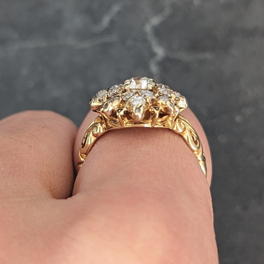 Victorian 1.12 CTW Old European Cut Diamond Enamel 14 Karat Yellow Gold Starburst Antique Cluster Ring Wilson's Estate Jewelry