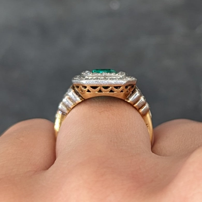 Tiffany & Co. Edwardian 2.12 CTW Colombian Emerald Diamond Platinum-Topped 18 Karat Yellow Gold Antique Double Halo Ring AGL Wilson's Estate Jewelry