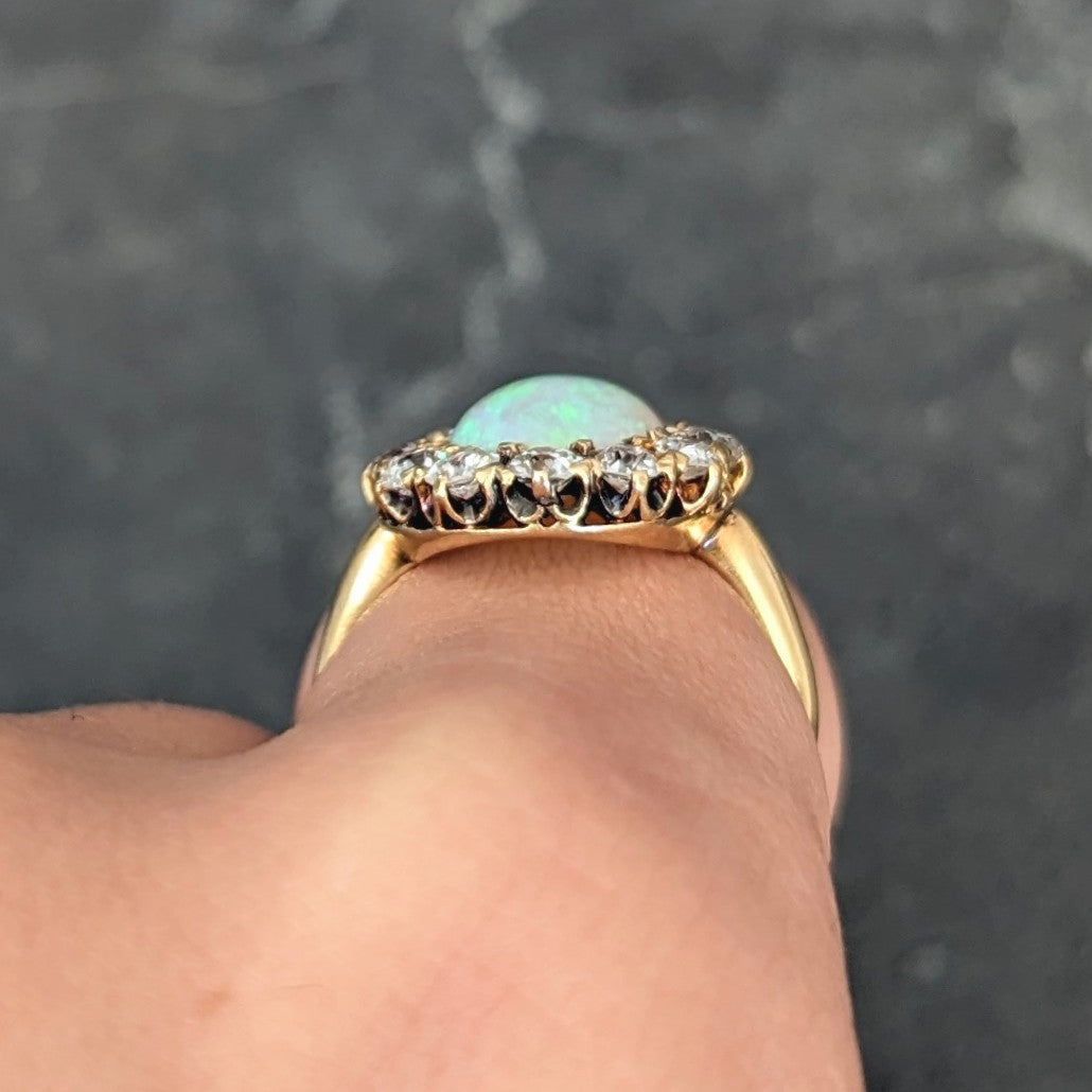 Victorian 1.89 CTW Opal Cabochon Old European & Mine Cut Diamond 18 Karat Yellow Gold Antique Halo Ring Wilson's Estate Jewelry