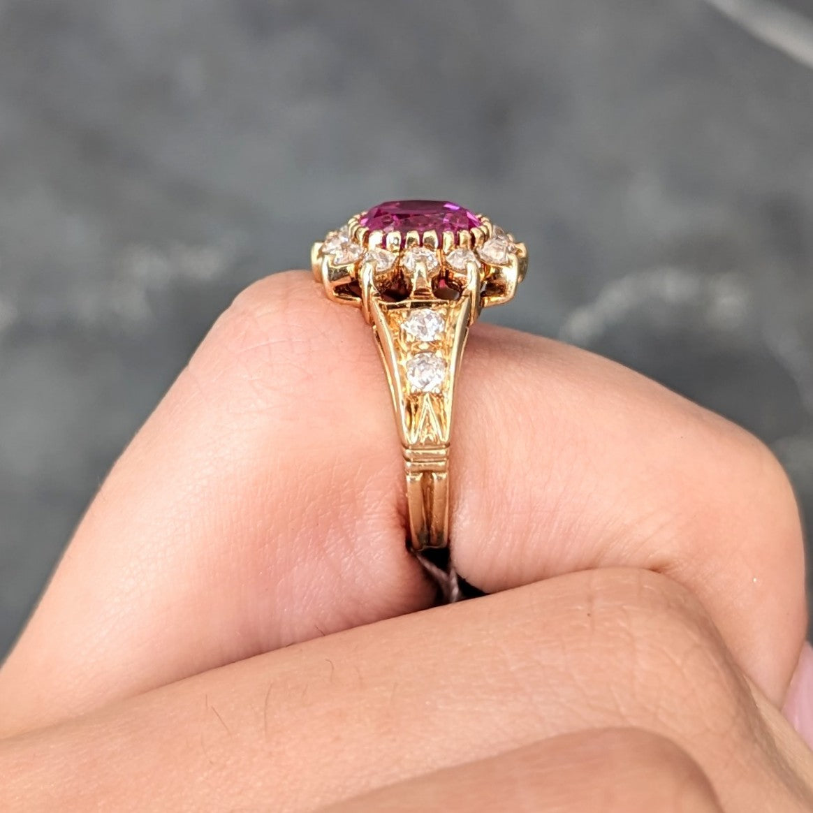 Victorian 2.94 CTW Cushion Cut No-Heat Pink Burma Sapphire Old Mine Cut Diamond 14 Karat Yellow Gold Burst Antique Cluster Ring GIA Wilson's Estate Jewelry