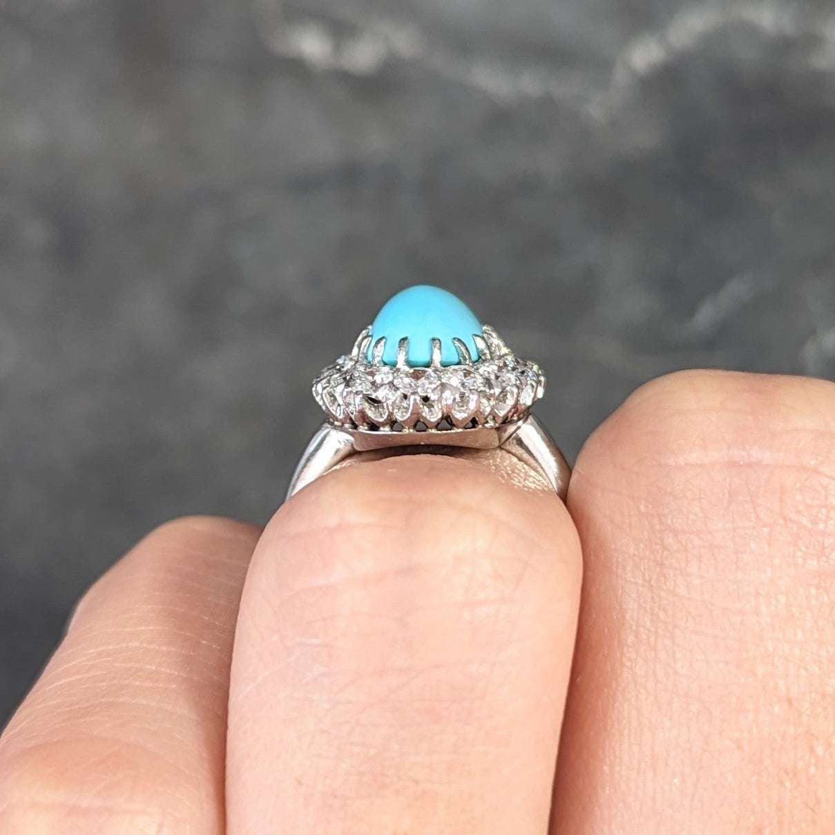 Art Deco 1.12 CTW Turquoise Cabochon Transitional Cut Diamond Platinum Halo Ring Wilson's Estate Jewelry