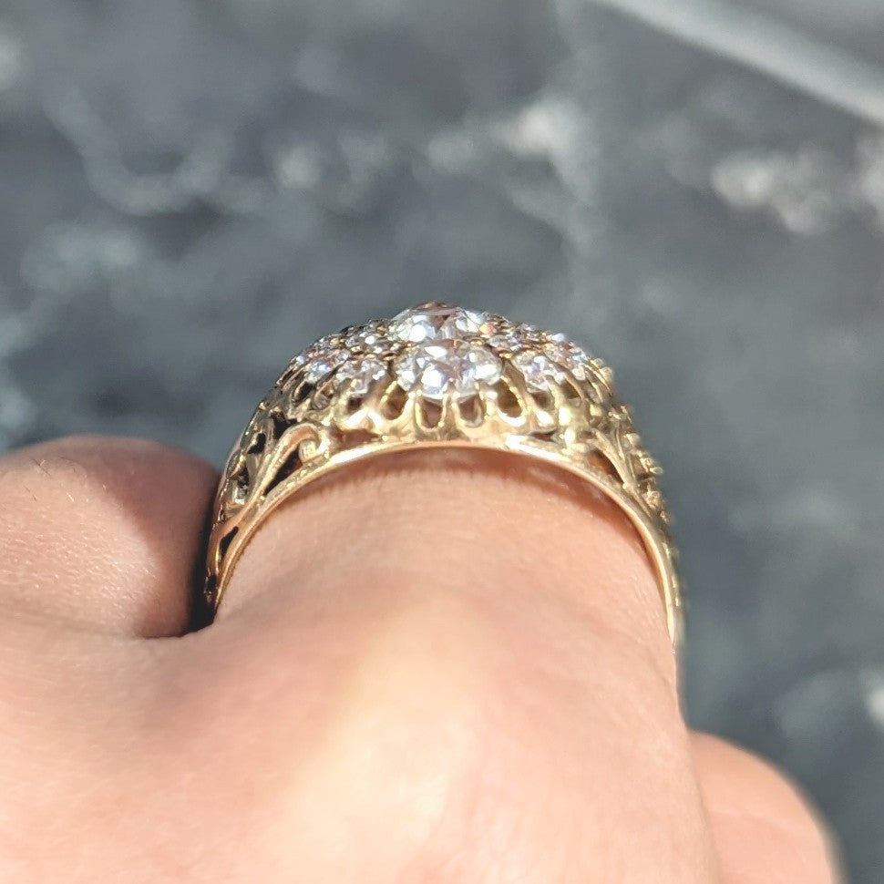 Art Nouveau 2.09 CTW Old European Cut Diamond 14 Karat Yellow Gold Floral Unisex Antique Cluster Ring Wilson's Estate Jewelry