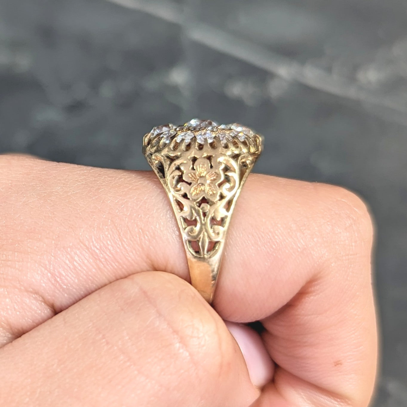 Art Nouveau 2.09 CTW Old European Cut Diamond 14 Karat Yellow Gold Floral Unisex Antique Cluster Ring Wilson's Estate Jewelry