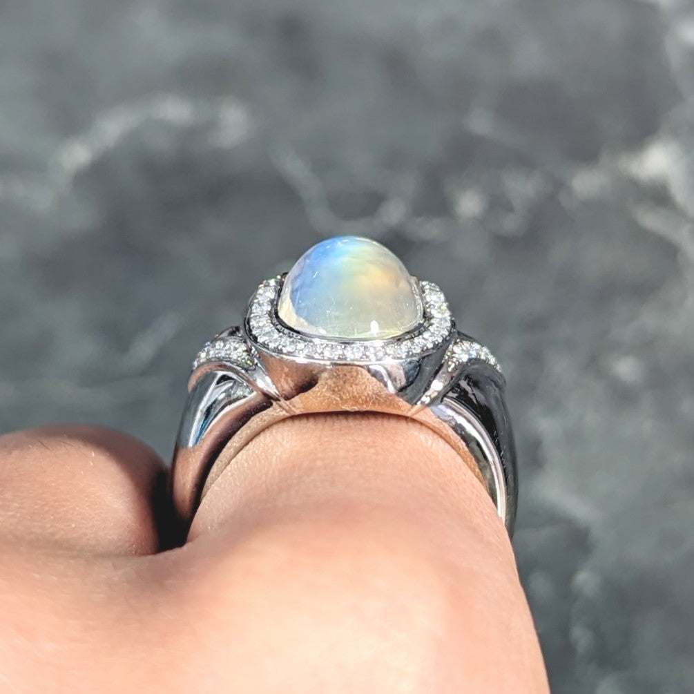 Spark Contemporary Rainbow Moonstone Cabochon Diamond 18 Karat White Gold Halo Ring Wilson's Estate Jewelry