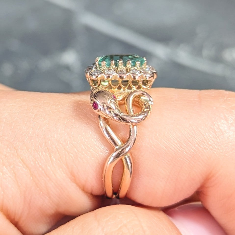 Victorian 2.46 CTW Emerald Old Mine Cut Diamond 18 Karat Rose Gold Snake Antique Halo Ring Wilson's Estate Jewelry