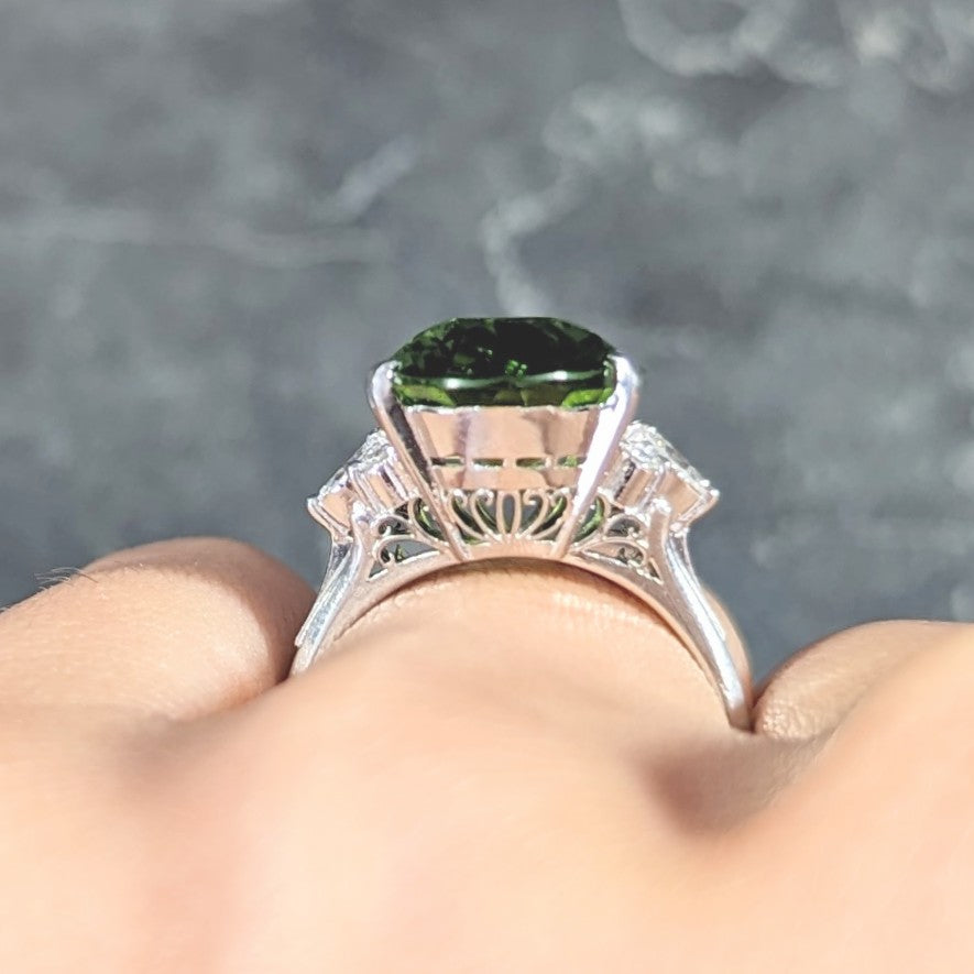 Contemporary 9.42 CTW Oval Cut Peridot Diamond Platinum Cluster Ring Wilson's Estate Jewelry