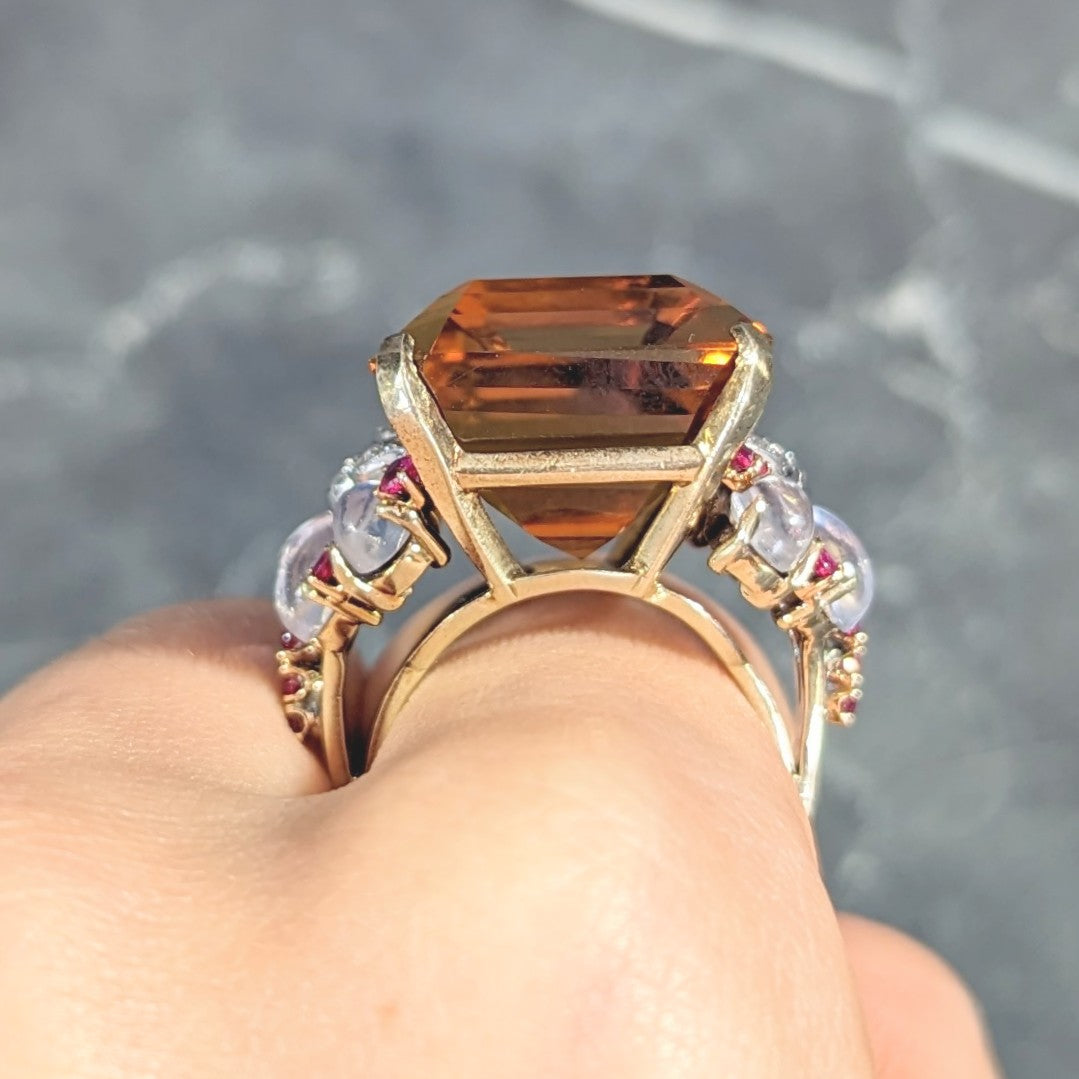 Tiffany & Co. Retro 39.97 CTW Emerald Cut Citrine Diamond Ruby Moonstone Cabochon Platinum 14 Karat Yellow Gold Vintage Cocktail Ring Wilson's Estate Jewelry