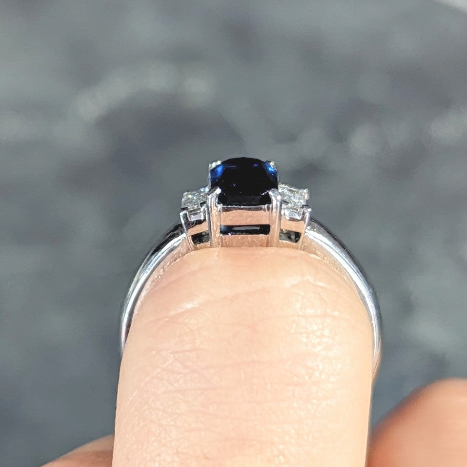 Contemporary 2.01 CTW Cushion Cut Sapphire Diamond Platinum Three Stone Ring Wilson's Estate Jewelry