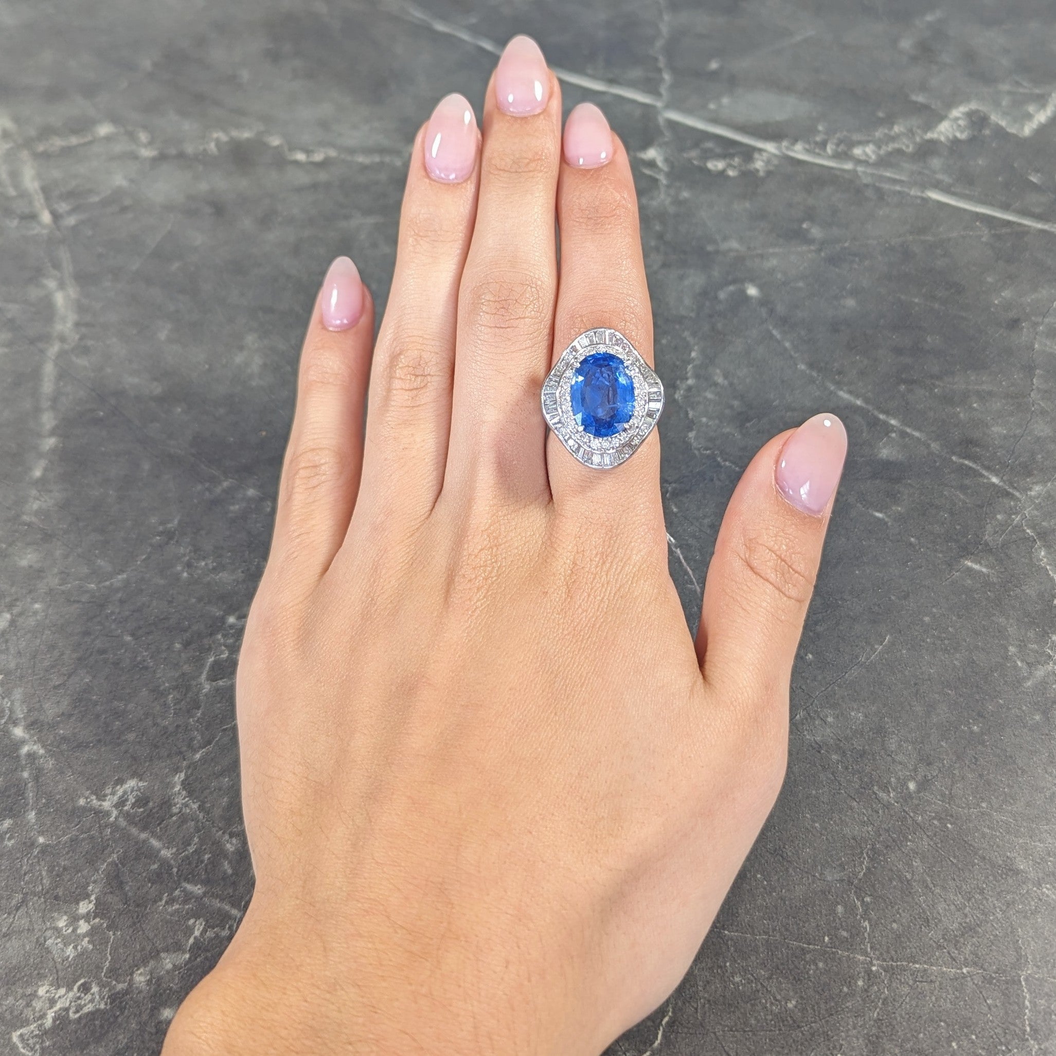 Contemporary 10.61 CTW Ceylon Sapphire Diamond Platinum Double Ballerina Halo Ring GIA Wilson's Estate Jewelry