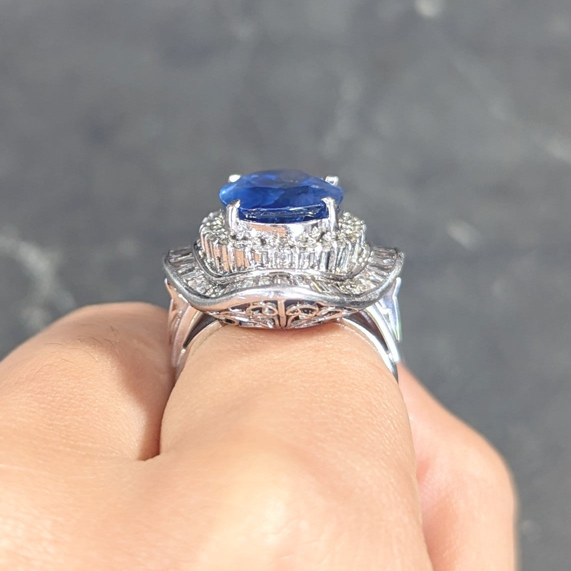 Contemporary 10.61 CTW Ceylon Sapphire Diamond Platinum Double Ballerina Halo Ring GIA Wilson's Estate Jewelry