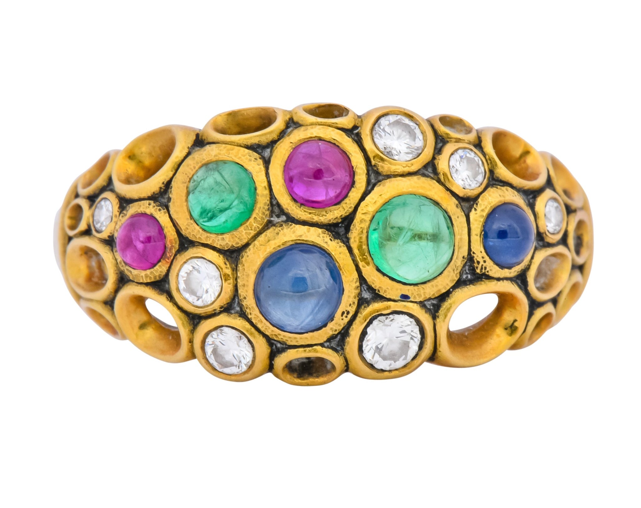 Alex Sepkus Blue Sapphire Emerald Ruby Diamond 18 Karat Gold Cluster Ring - Wilson's Estate Jewelry