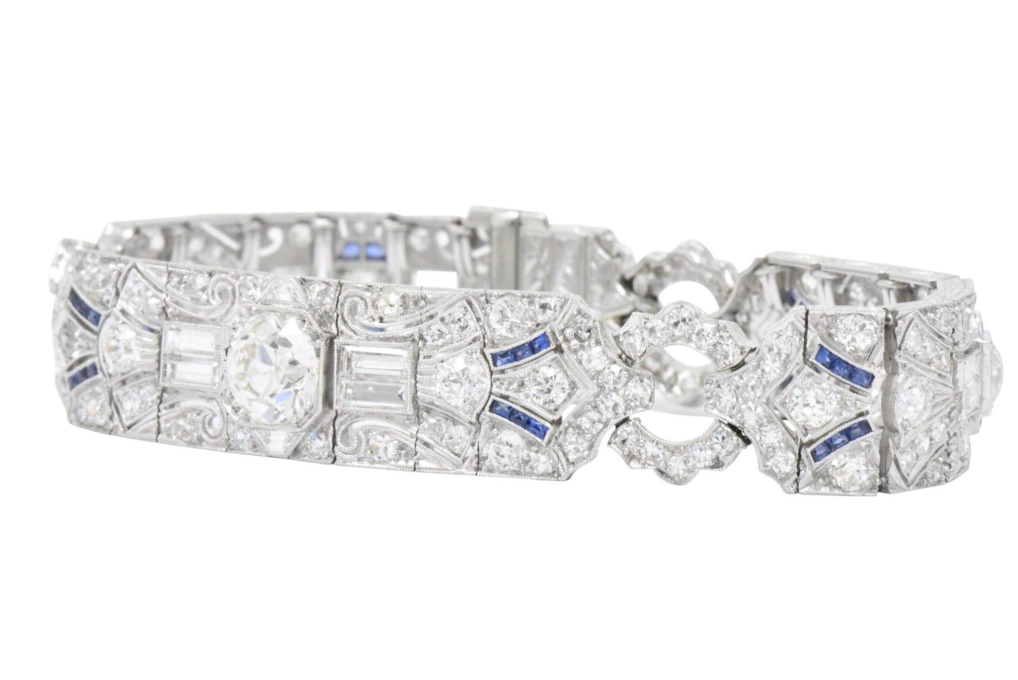 Amazing Art Deco 11.50 CTW Diamond Sapphire Platinum Bracelet Wilson's Estate Jewelry