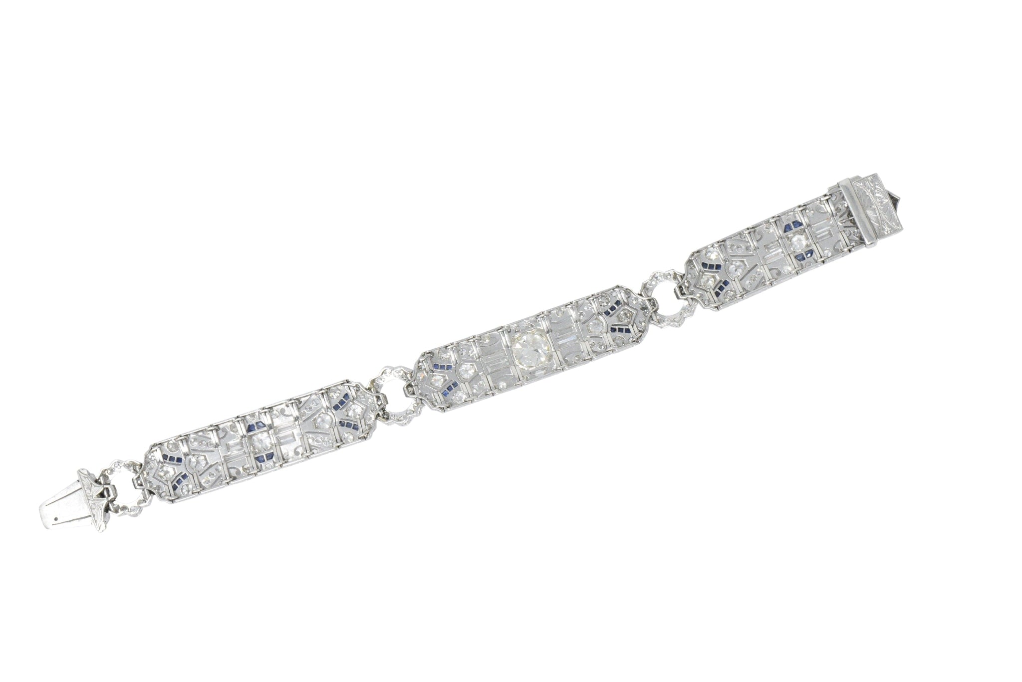 Amazing Art Deco 11.50 CTW Diamond Sapphire Platinum Bracelet Wilson's Estate Jewelry