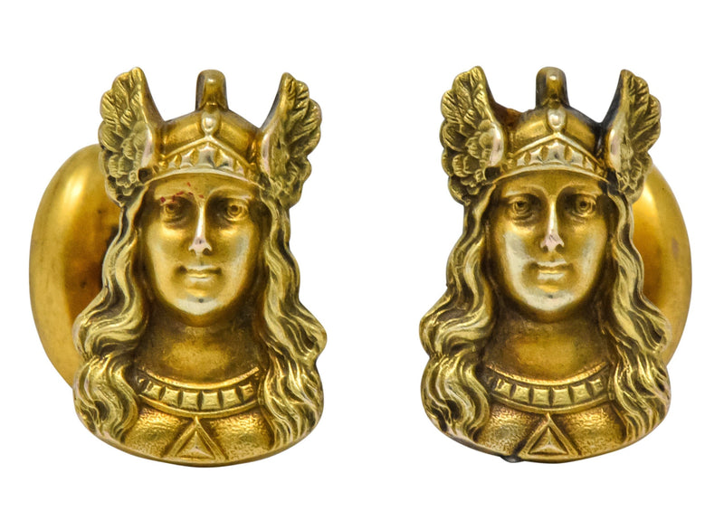 Antique 10 Karat Gold Norse Valkyrie Goddess Men's Cufflinks - Wilson's Estate Jewelry