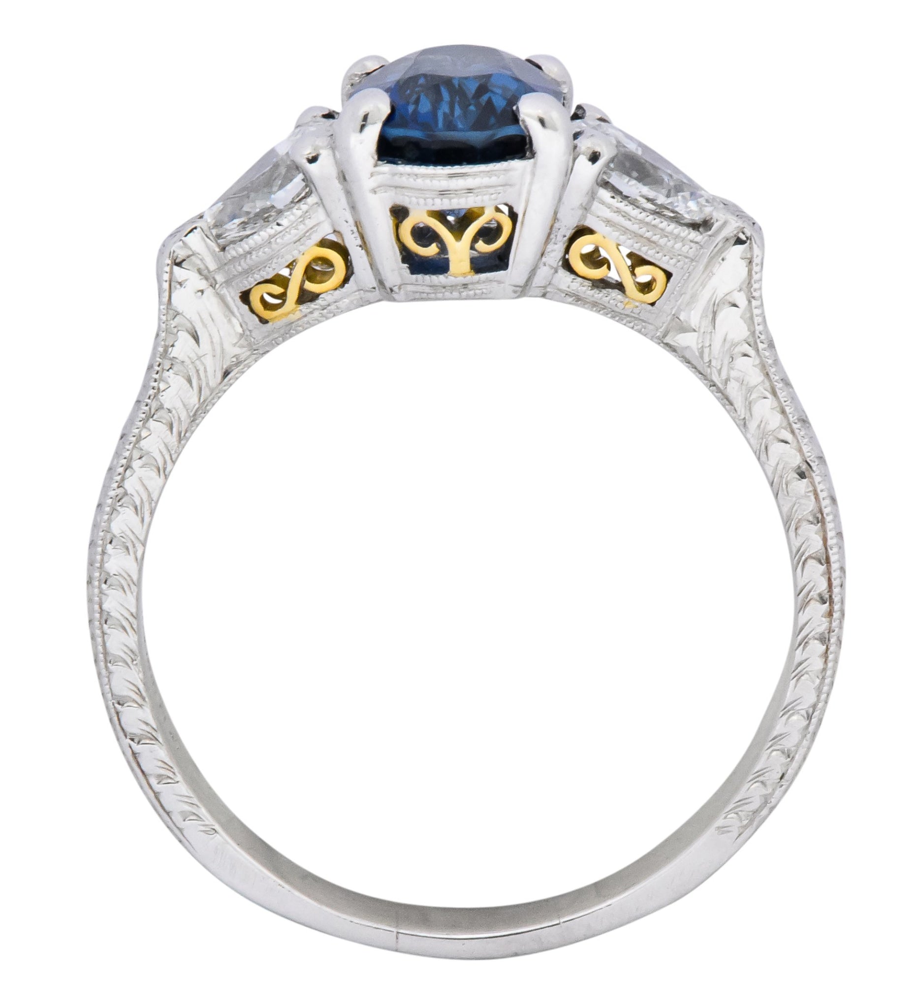 Antique 2.35 CTW Sapphire Diamond Gold Platinum Three Stone Ring - Wilson's Estate Jewelry