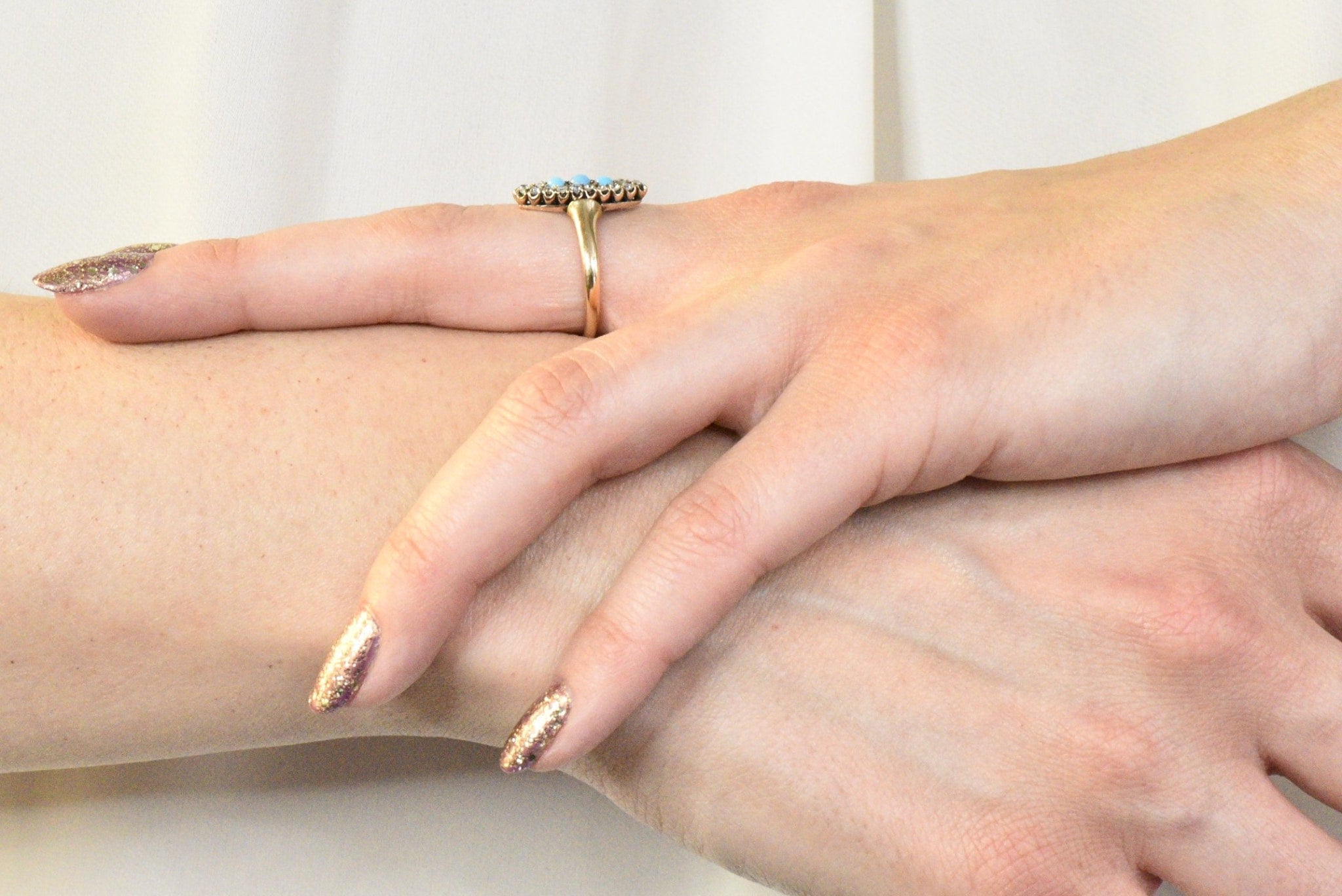 Antique Victorian 0.30 CTW Diamond Turquoise 14 Karat Gold Navette Ring - Wilson's Estate Jewelry