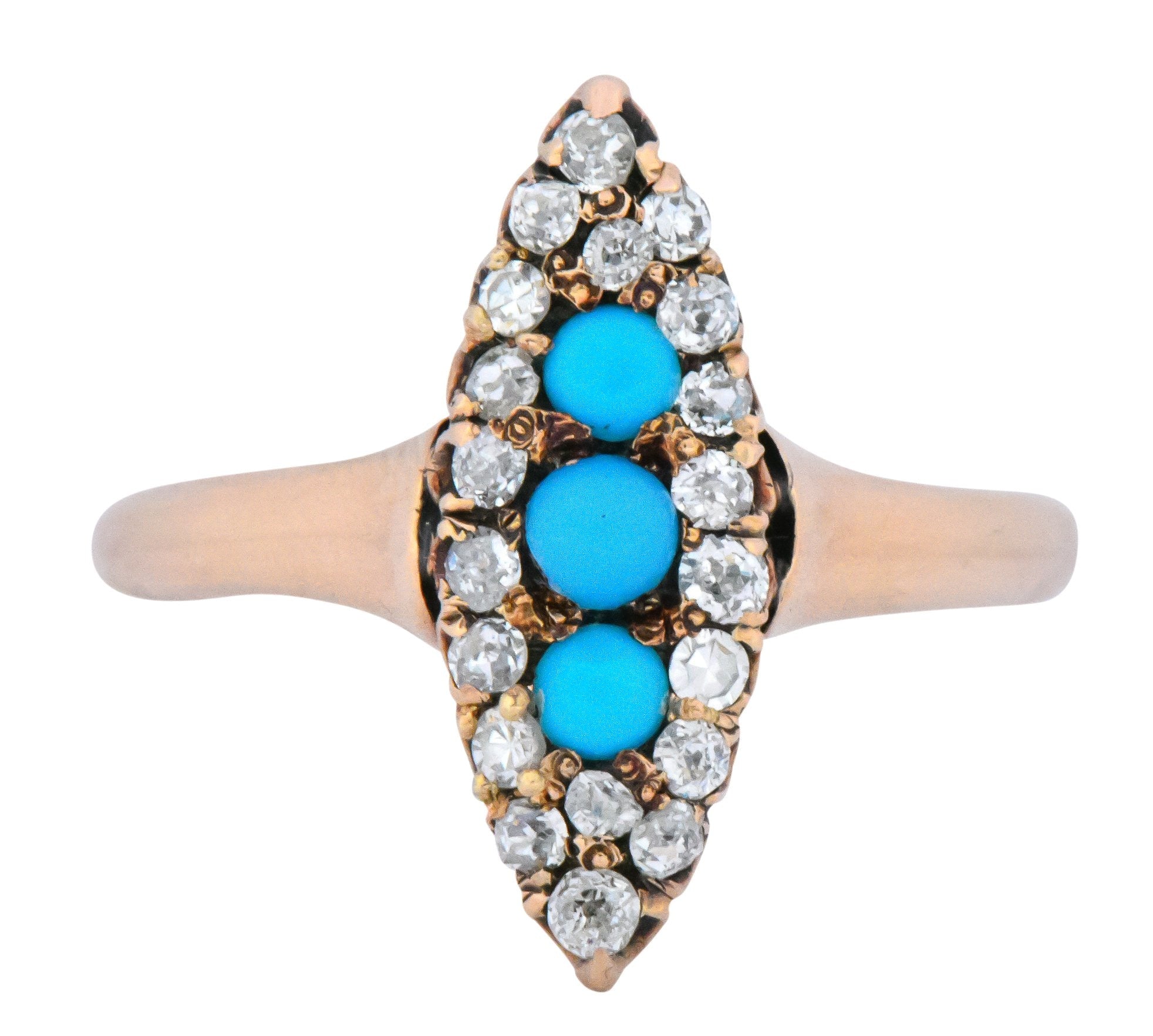 Antique Victorian 0.30 CTW Diamond Turquoise 14 Karat Gold Navette Ring - Wilson's Estate Jewelry