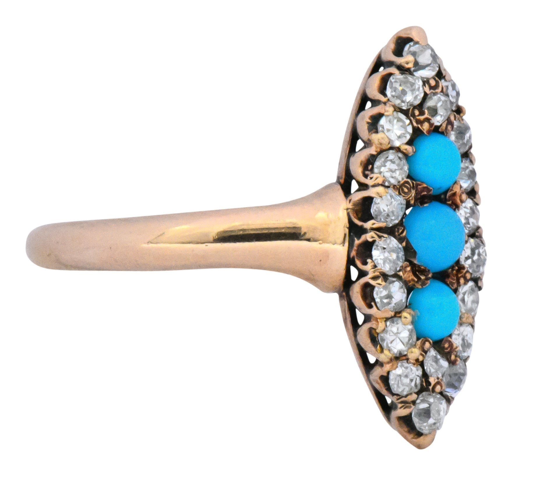 Antique Victorian 0.30 CTW Diamond Turquoise 14 Karat Gold Navette Ring - Wilson's Estate Jewelry