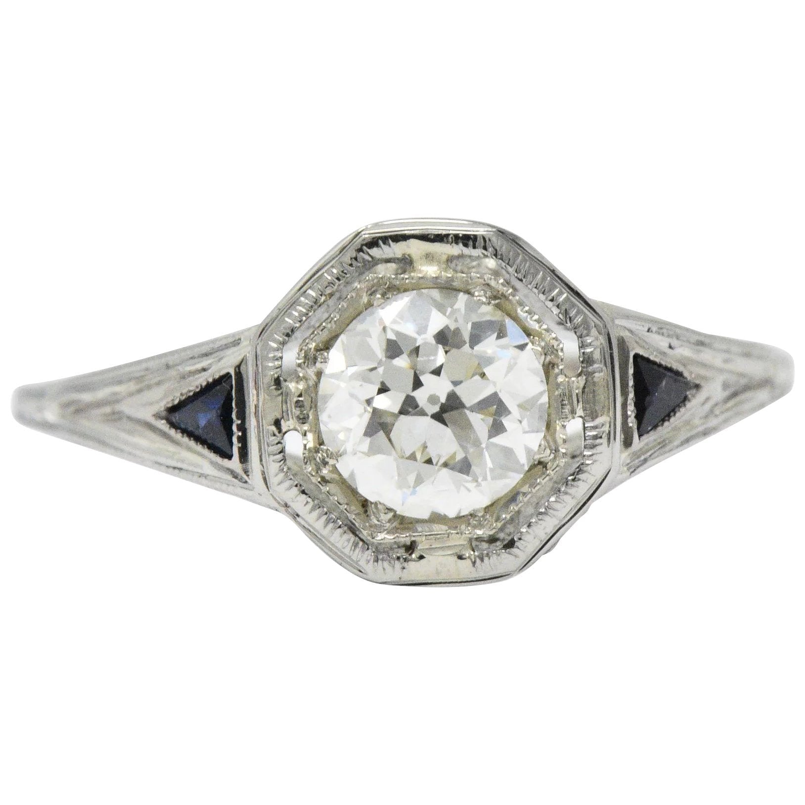 Art Deco 0.69 CTW Diamond Sapphire 18 Karat White Gold Engagement Ring GIA Wilson's Estate Jewelry