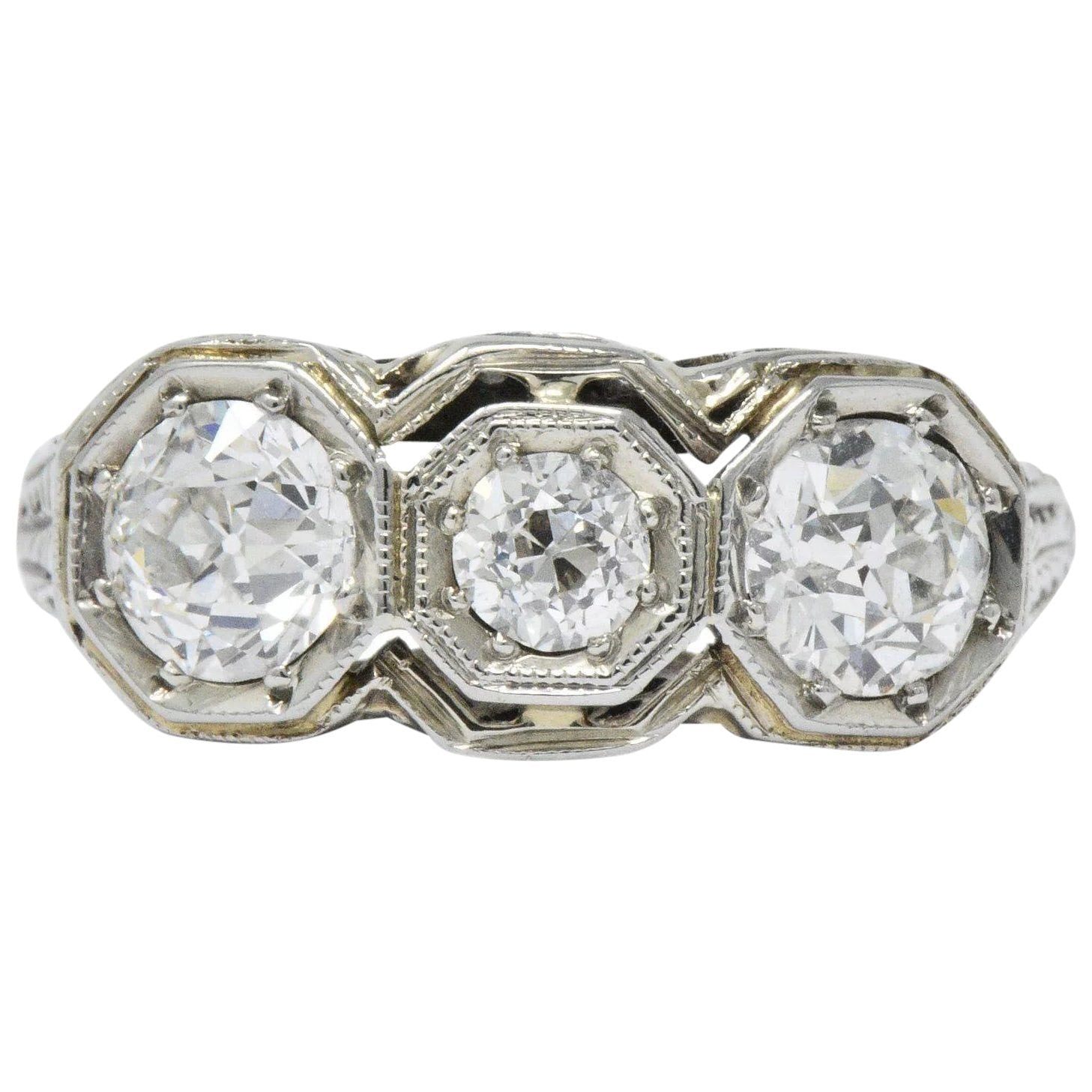 Art Deco 1.20 CTW Diamond 18 Karat White Gold 3 Stone Ring Wilson's Estate Jewelry