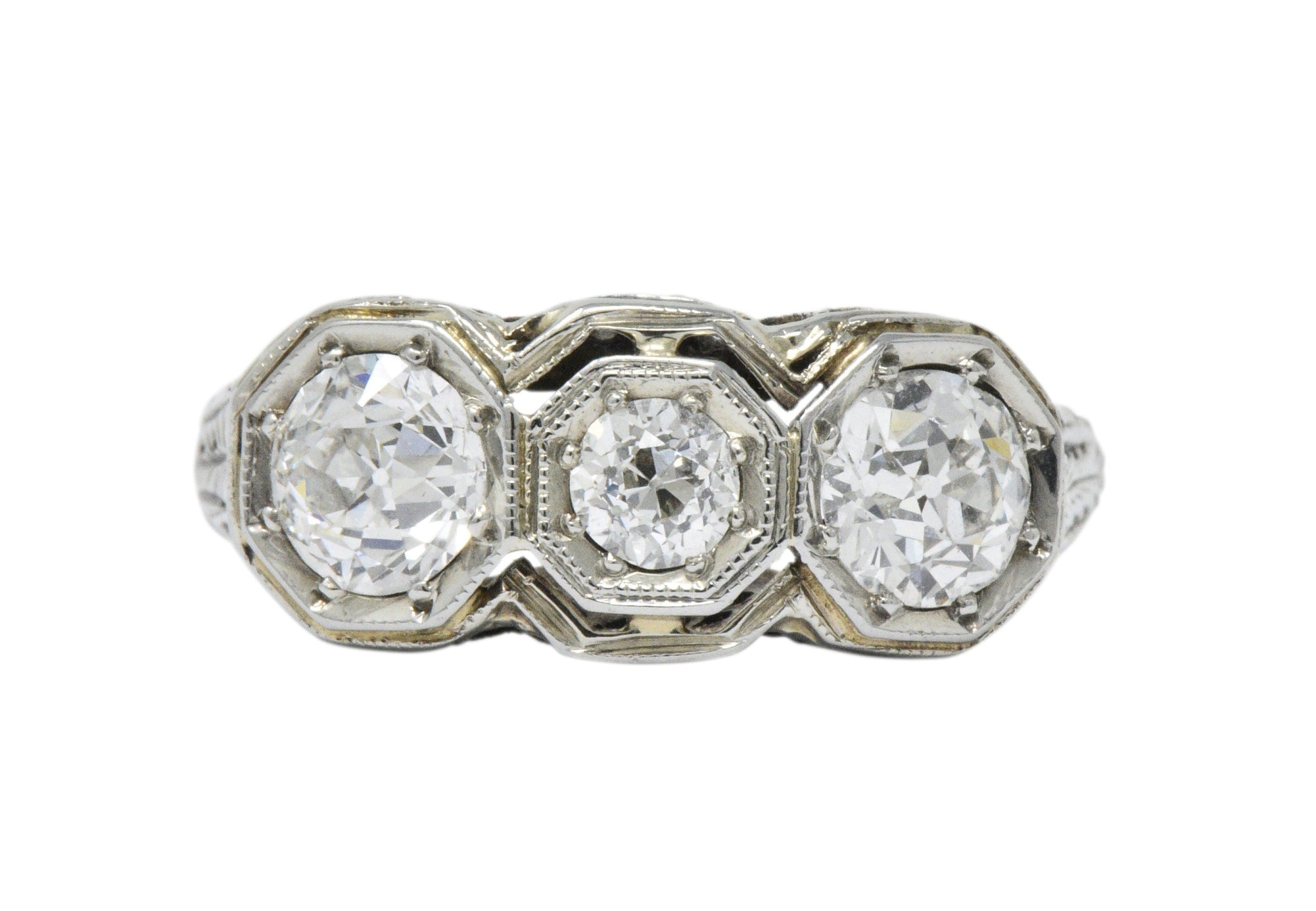 Art Deco 1.20 CTW Diamond 18 Karat White Gold 3 Stone Ring Wilson's Estate Jewelry