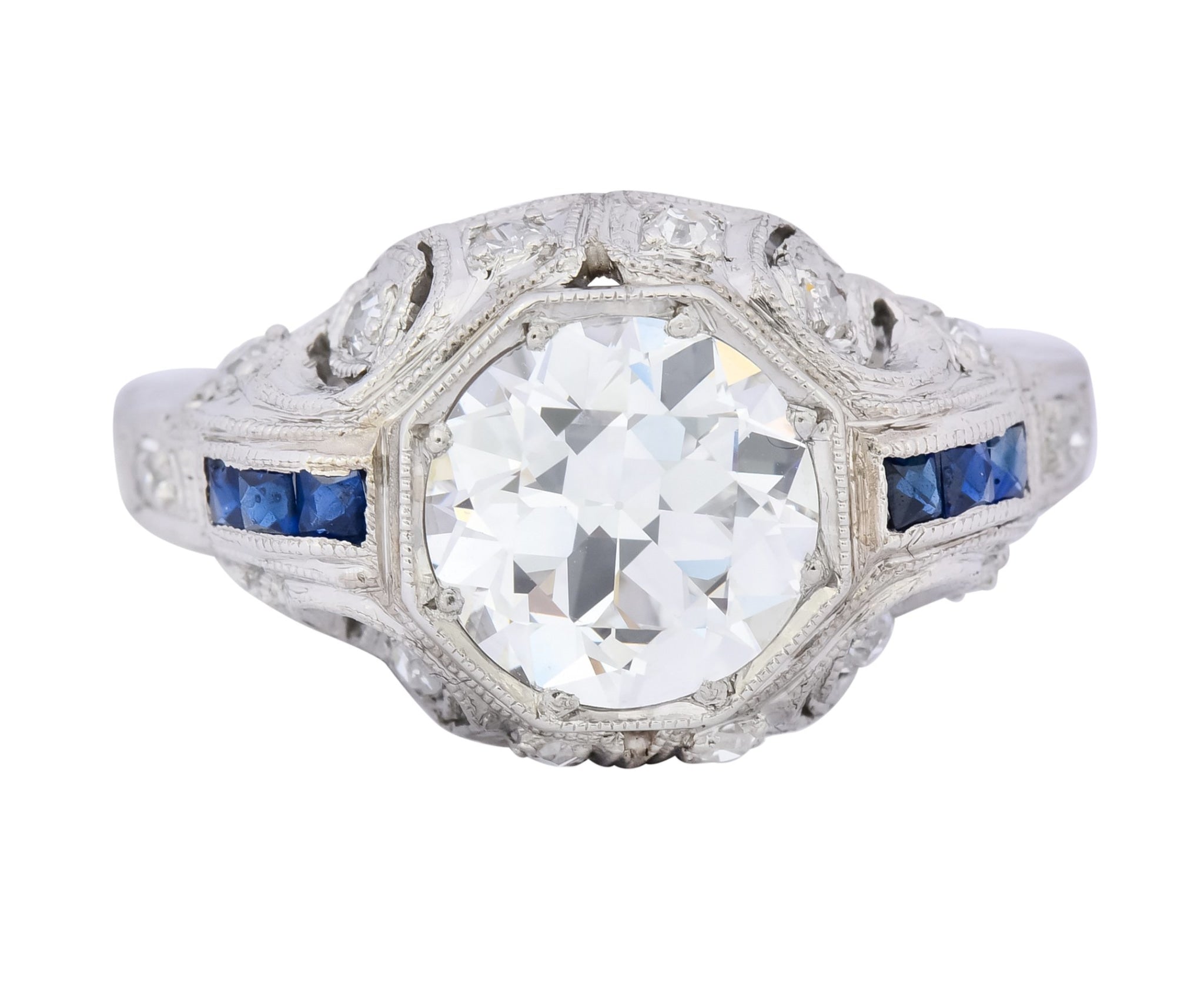 Art Deco 1.83 CTW Diamond Sapphire Platinum Engagement Ring GIA - Wilson's Estate Jewelry