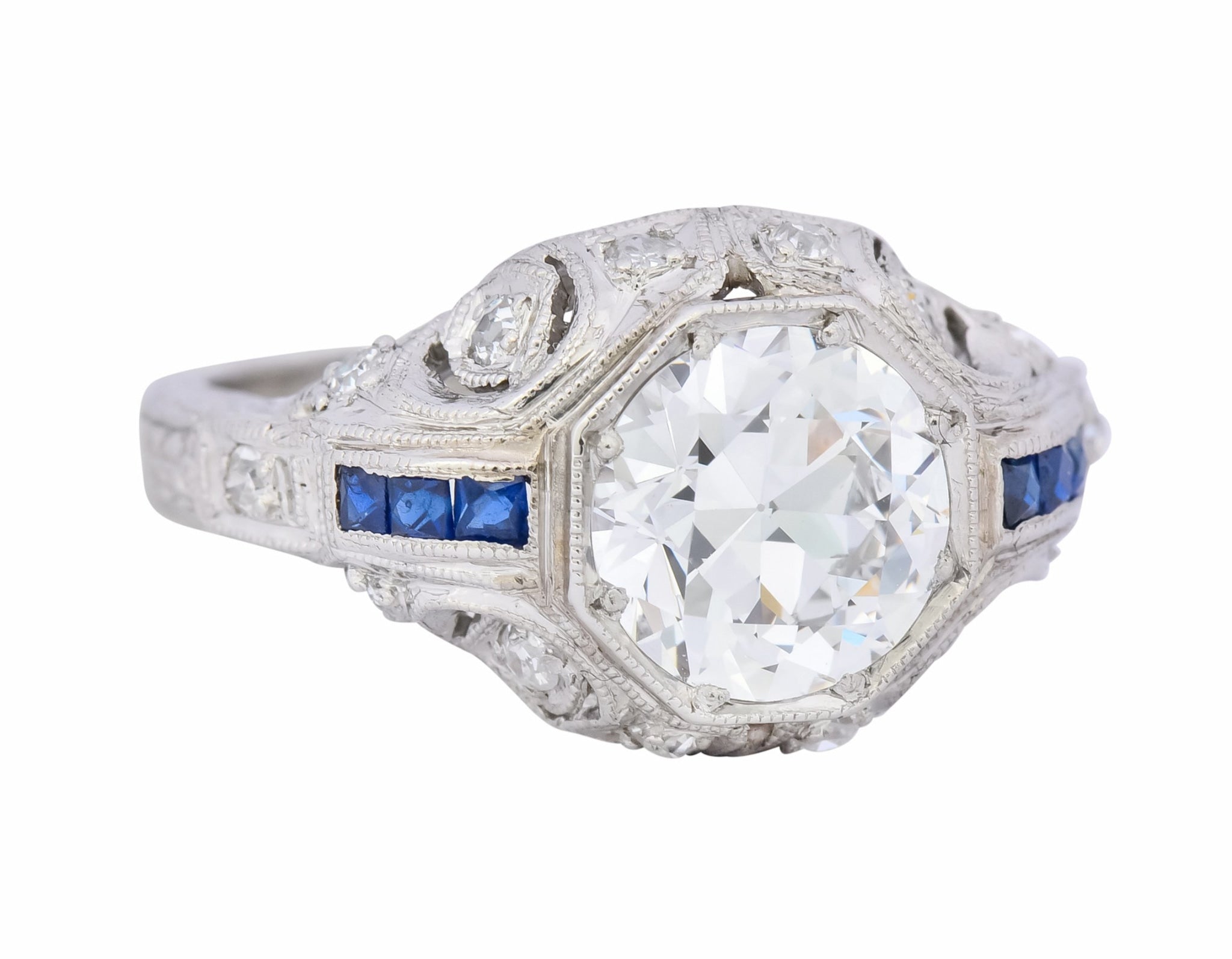 Art Deco 1.83 CTW Diamond Sapphire Platinum Engagement Ring GIA - Wilson's Estate Jewelry