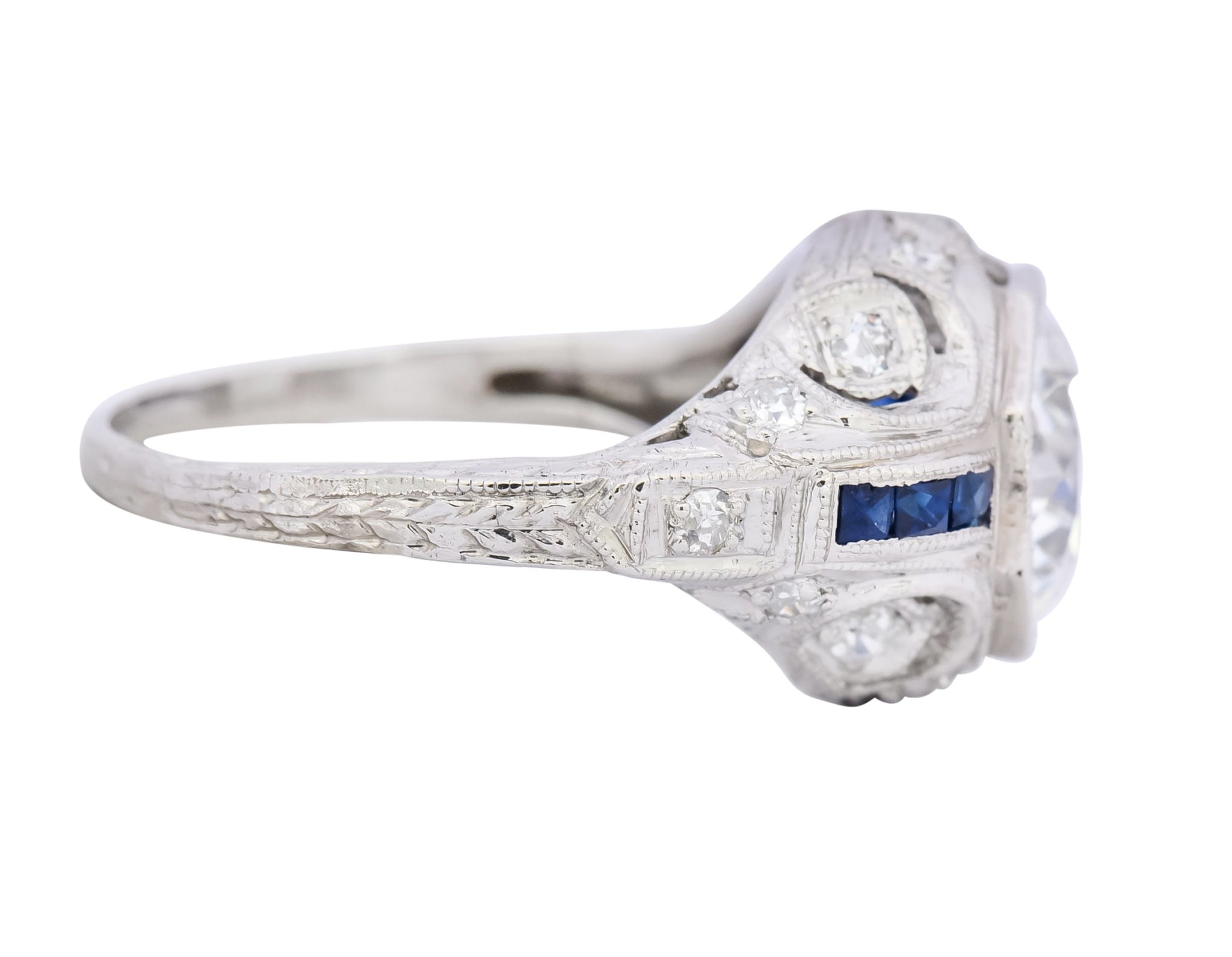 Art Deco 1.83 CTW Diamond Sapphire Platinum Engagement Ring GIA - Wilson's Estate Jewelry