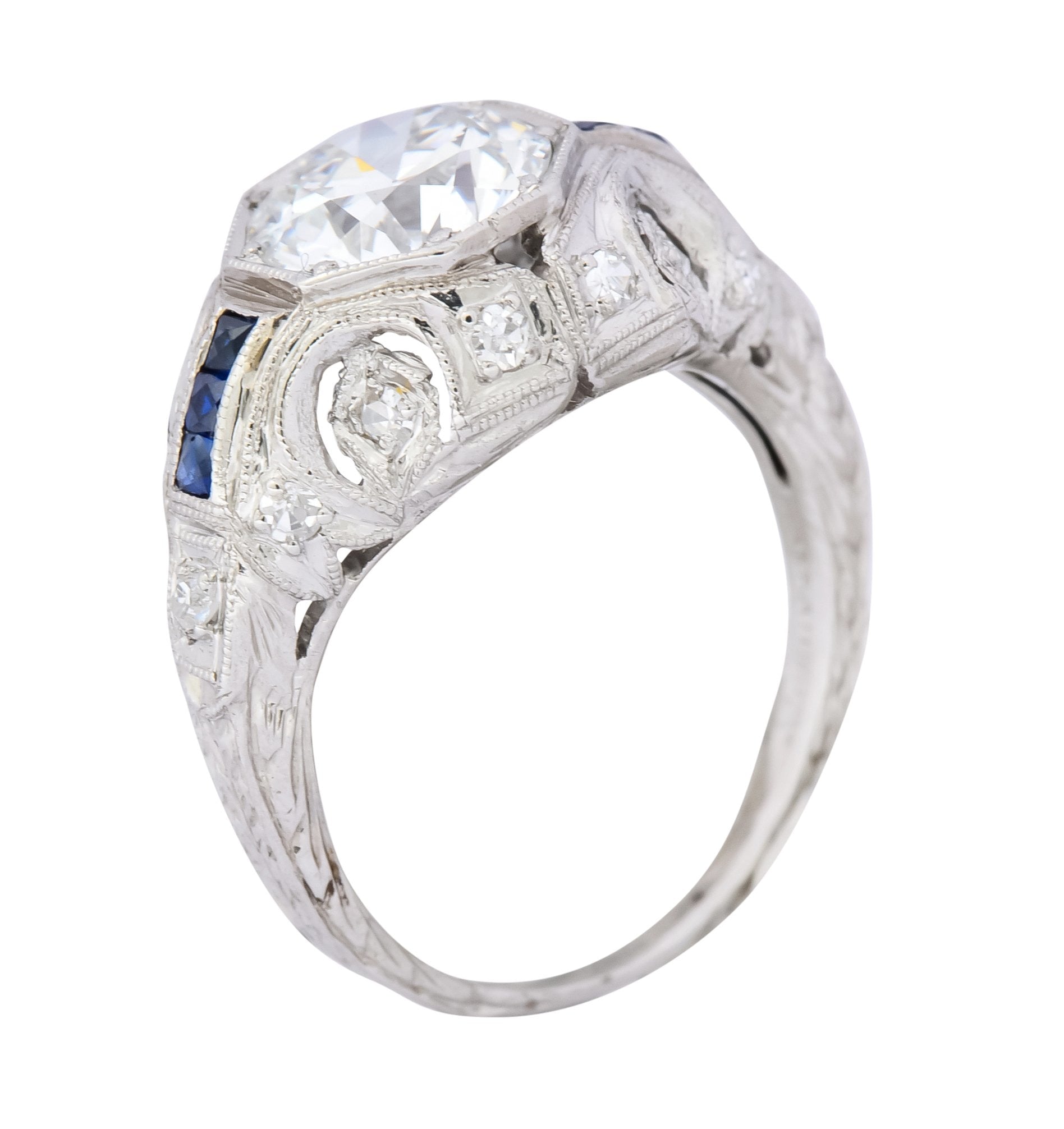 Art Deco 1.83 CTW Diamond Sapphire Platinum Engagement Ring GIA - Wilson's Estate Jewelry