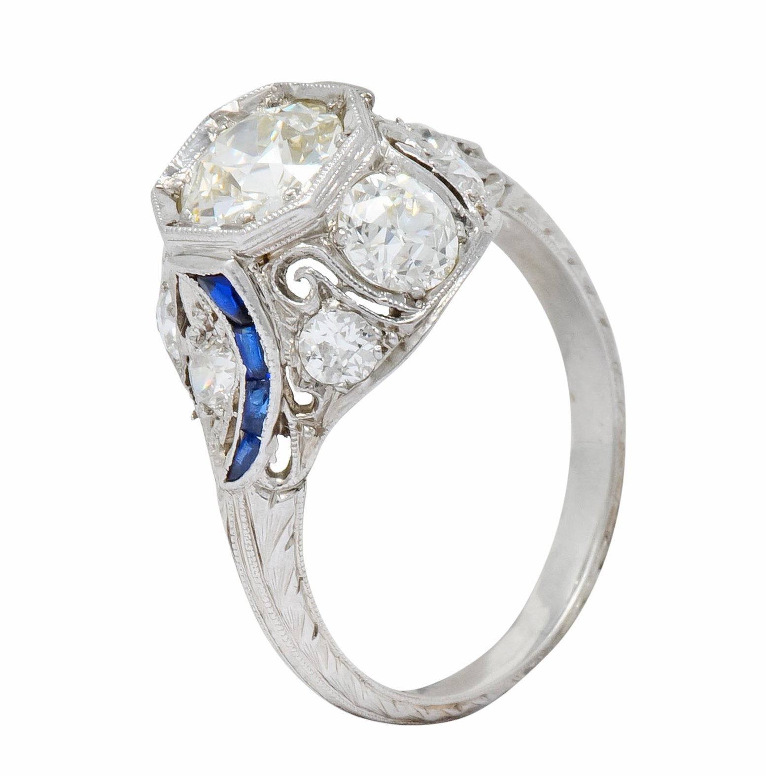 Art Deco 2.38 CTW Diamond Sapphire Platinum Dinner Engagement Ring - Wilson's Estate Jewelry