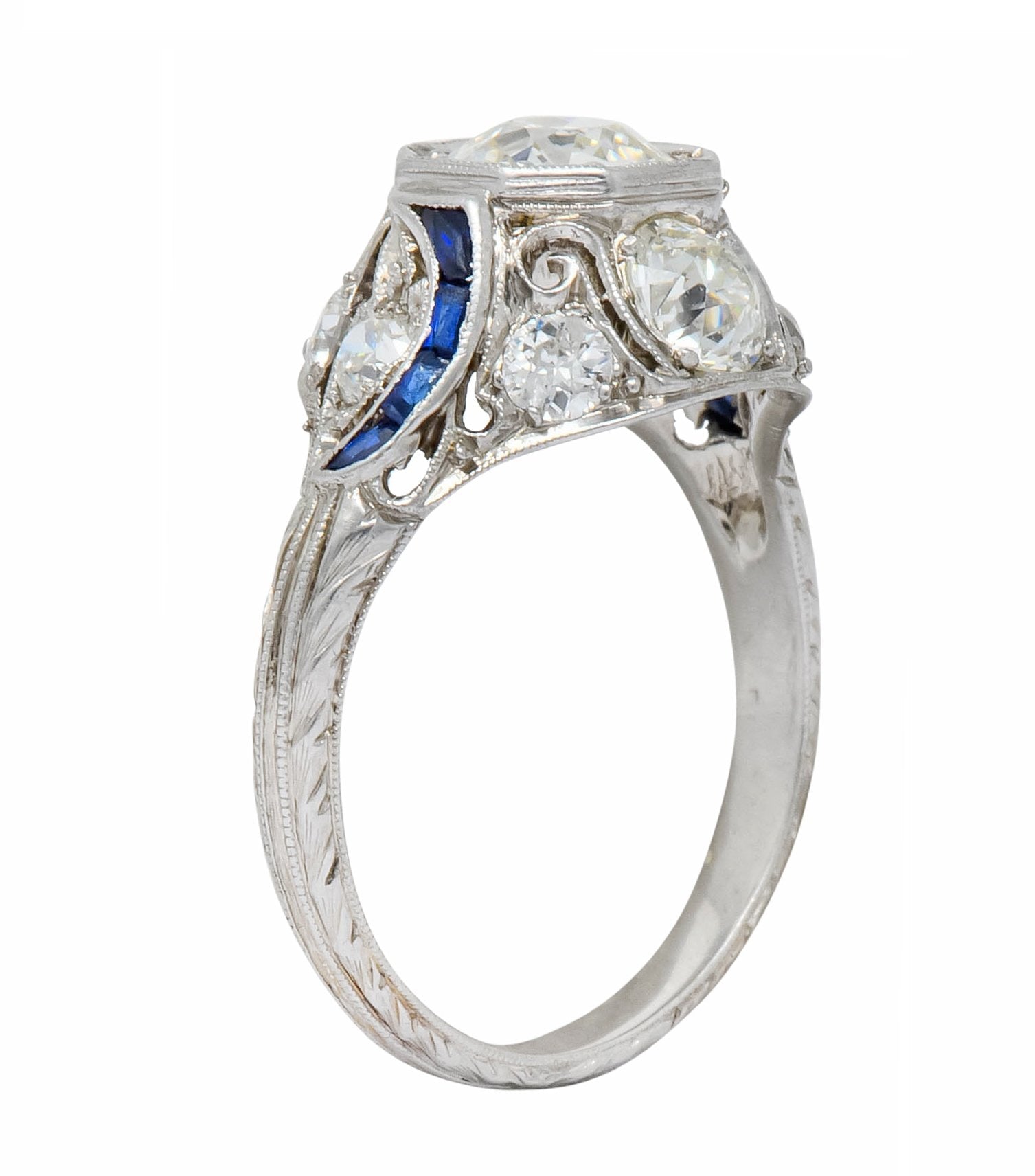 Art Deco 2.38 CTW Diamond Sapphire Platinum Dinner Engagement Ring - Wilson's Estate Jewelry