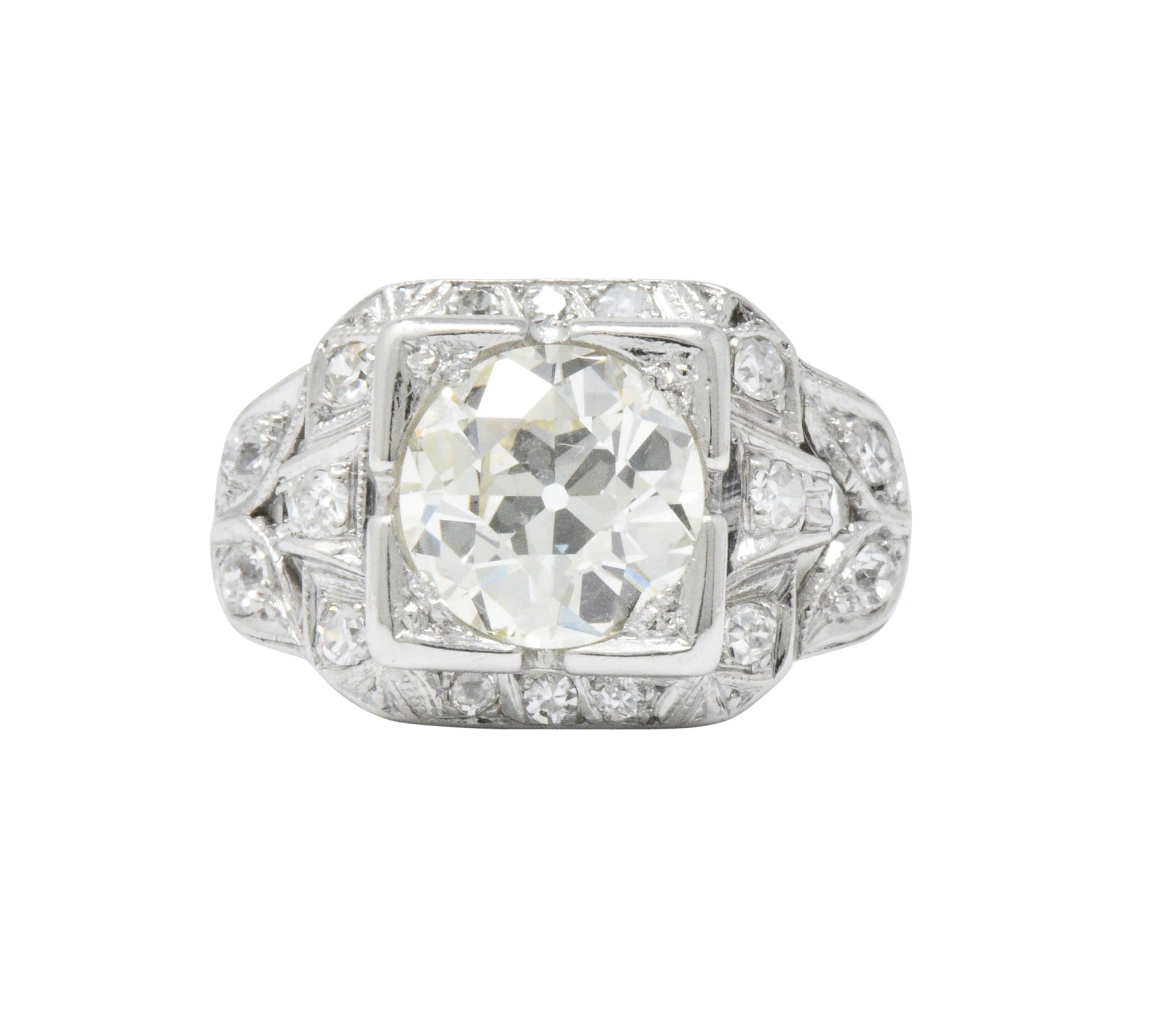 Art Deco 2.69 CTW Diamond Platinum Cushion Foliate Engagement Ring GIA Wilson's Estate Jewelry