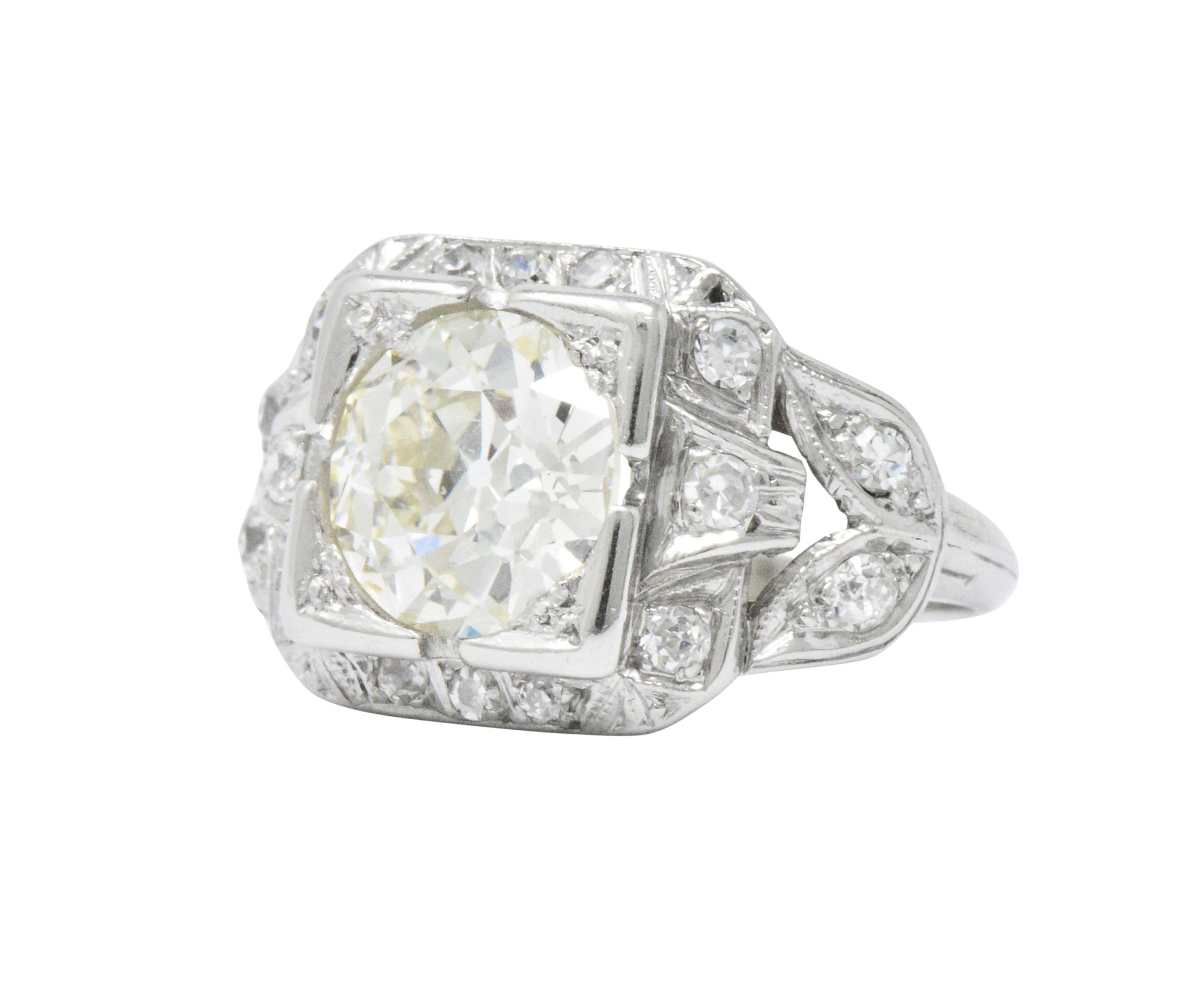 Art Deco 2.69 CTW Diamond Platinum Cushion Foliate Engagement Ring GIA Wilson's Estate Jewelry