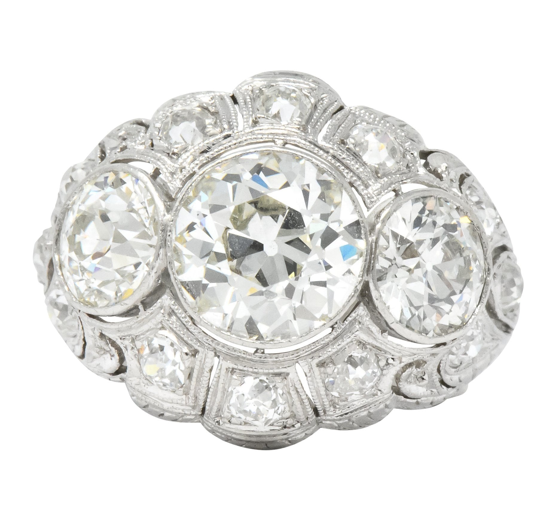 Art Deco 5.60 CTW Old European Cut Diamond Platinum Three Stone Ring - Wilson's Estate Jewelry