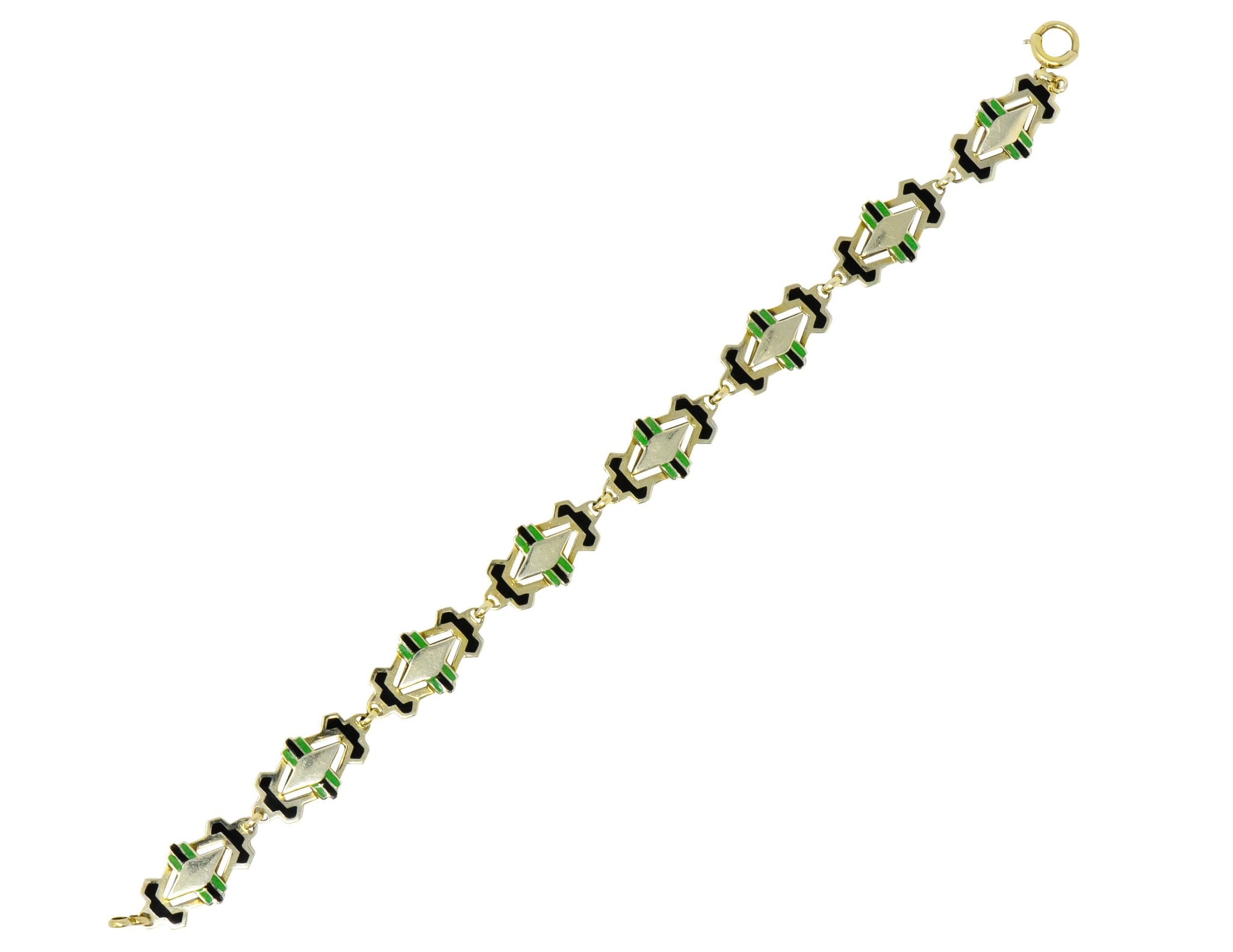 Art Deco Black & Green Enamel 14 Karat Gold Link Bracelet - Wilson's Estate Jewelry